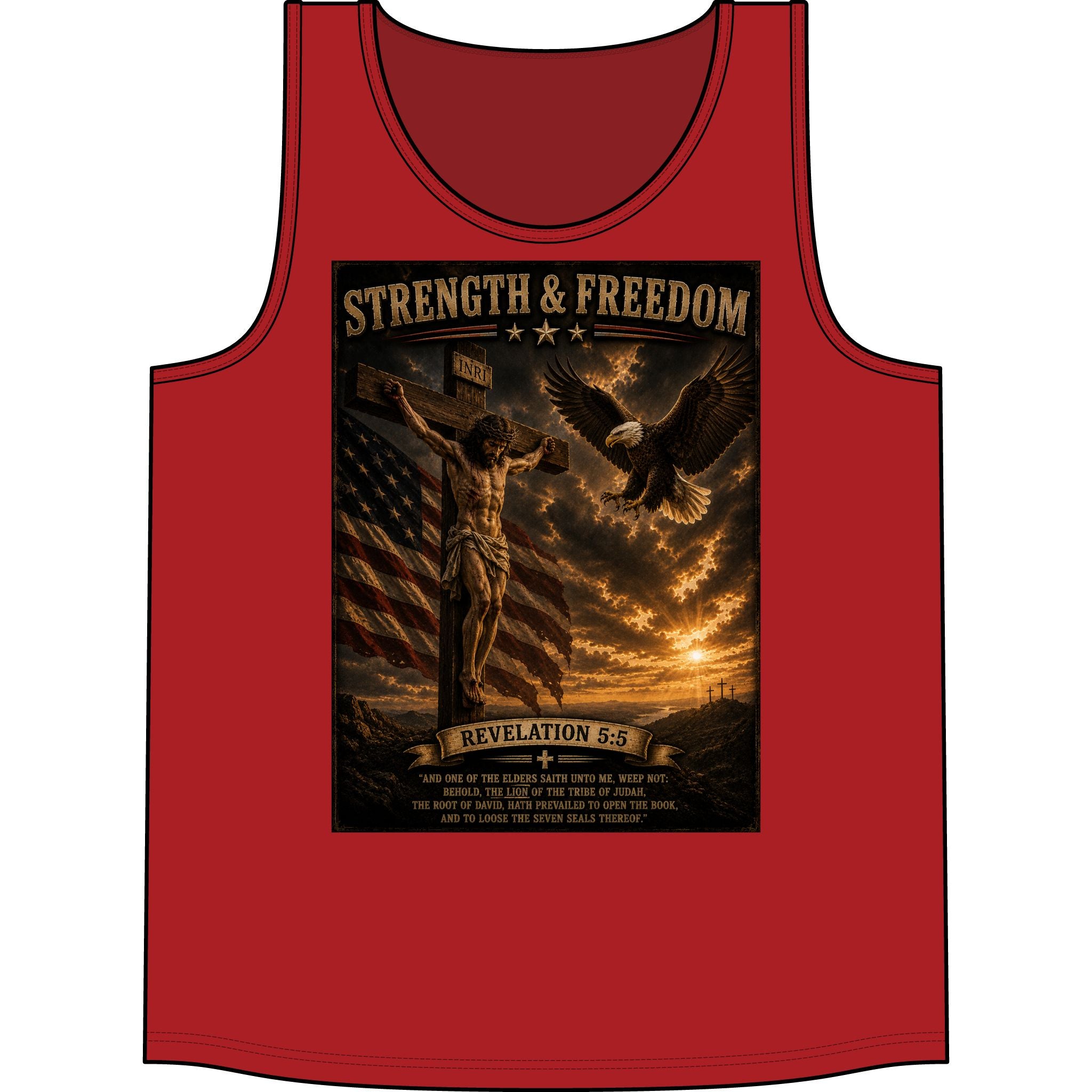 Strength & Freedom Christian Tank Top — Revelation 5:6 Patriotic Eagle & Cross Design