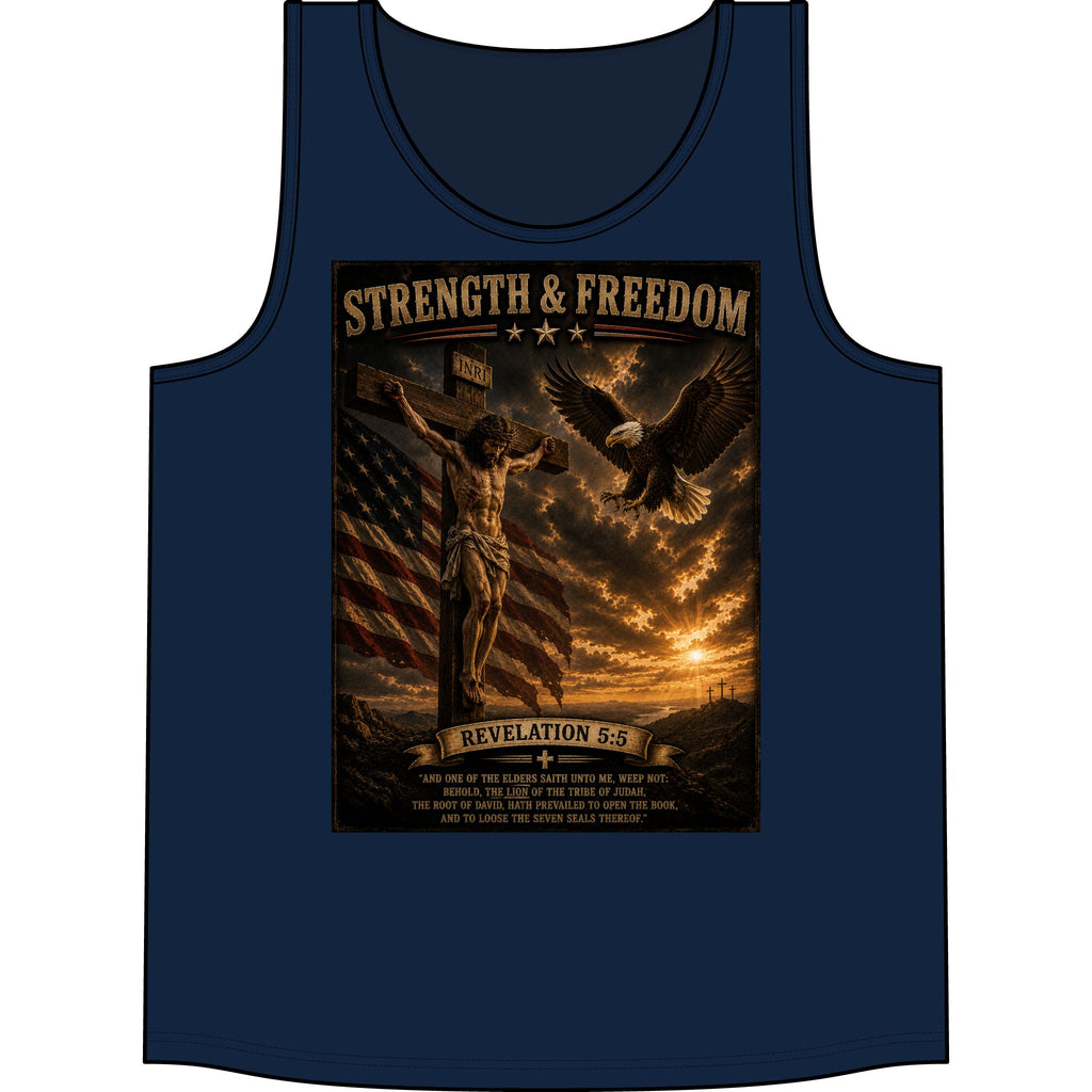 Strength & Freedom Christian Tank Top — Revelation 5:6 Patriotic Eagle & Cross Design