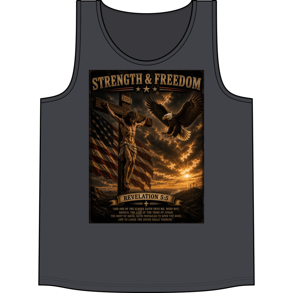 Strength & Freedom Christian Tank Top — Revelation 5:6 Patriotic Eagle & Cross Design