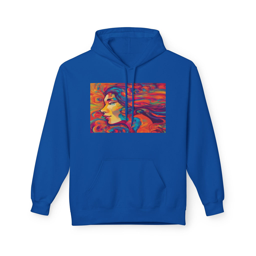 Colorful 1970s Psychedelic Woman Portrait Hoodie — Vibrant Retro Art Pullover