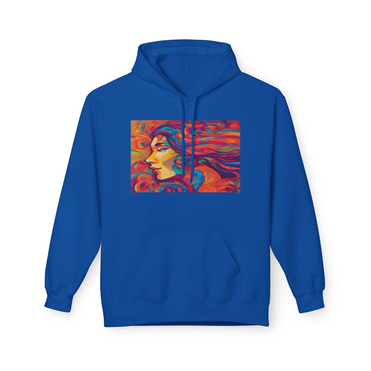 Colorful 1970s Psychedelic Woman Portrait Hoodie — Vibrant Retro Art Pullover