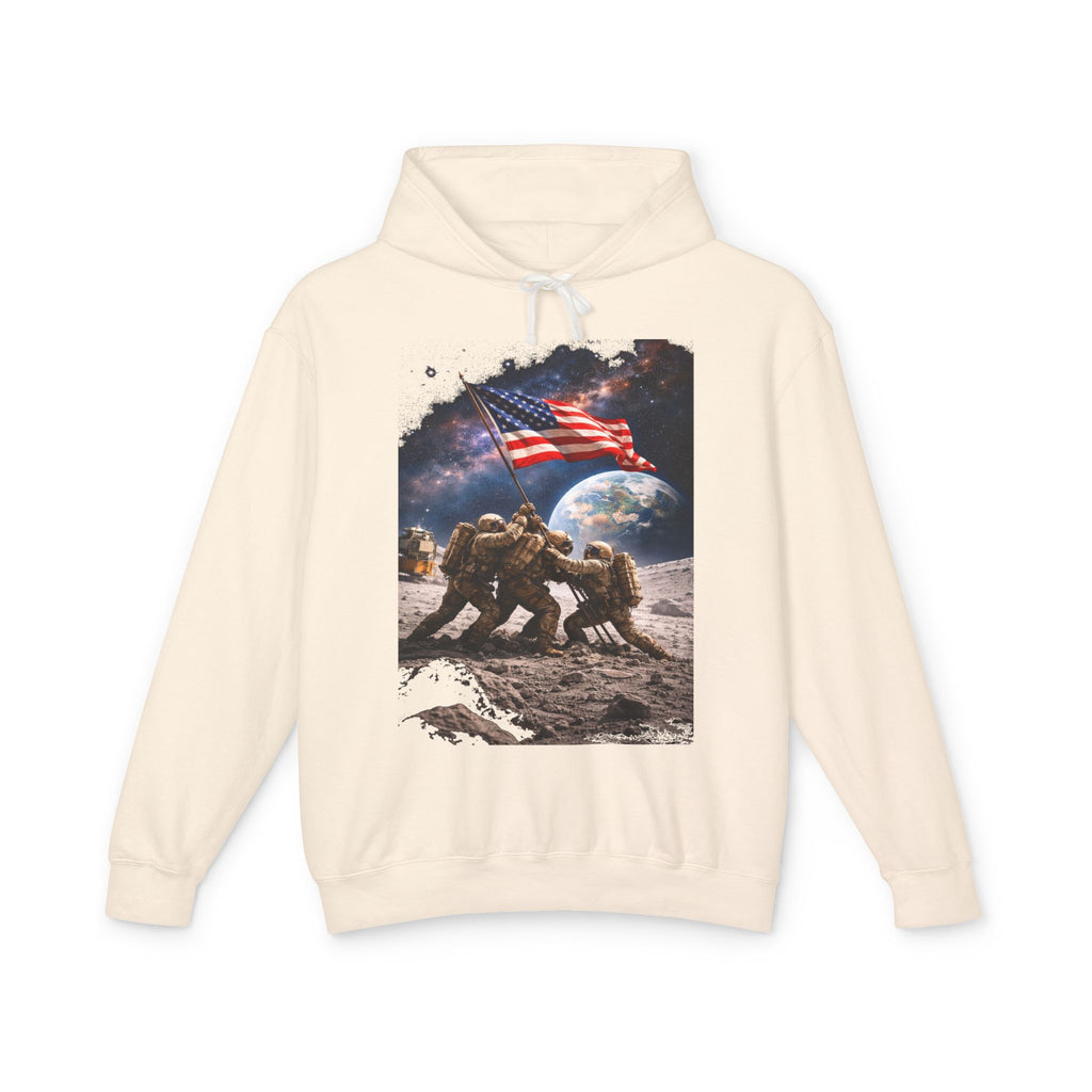 Patriotic Moon Landing Hoodie — Astronauts Raising American Flag Graphic