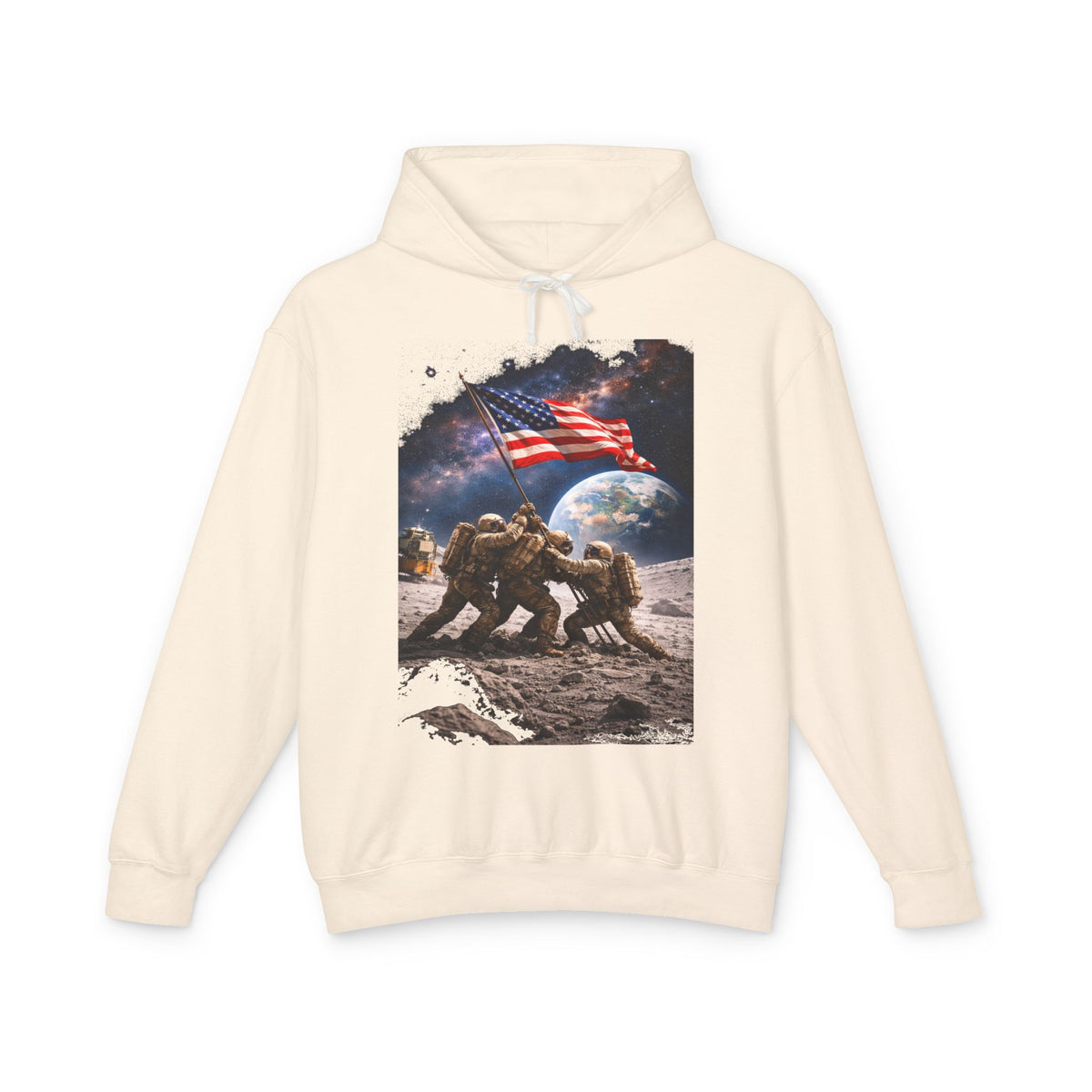 Patriotic Moon Landing Hoodie — Astronauts Raising American Flag Graphic