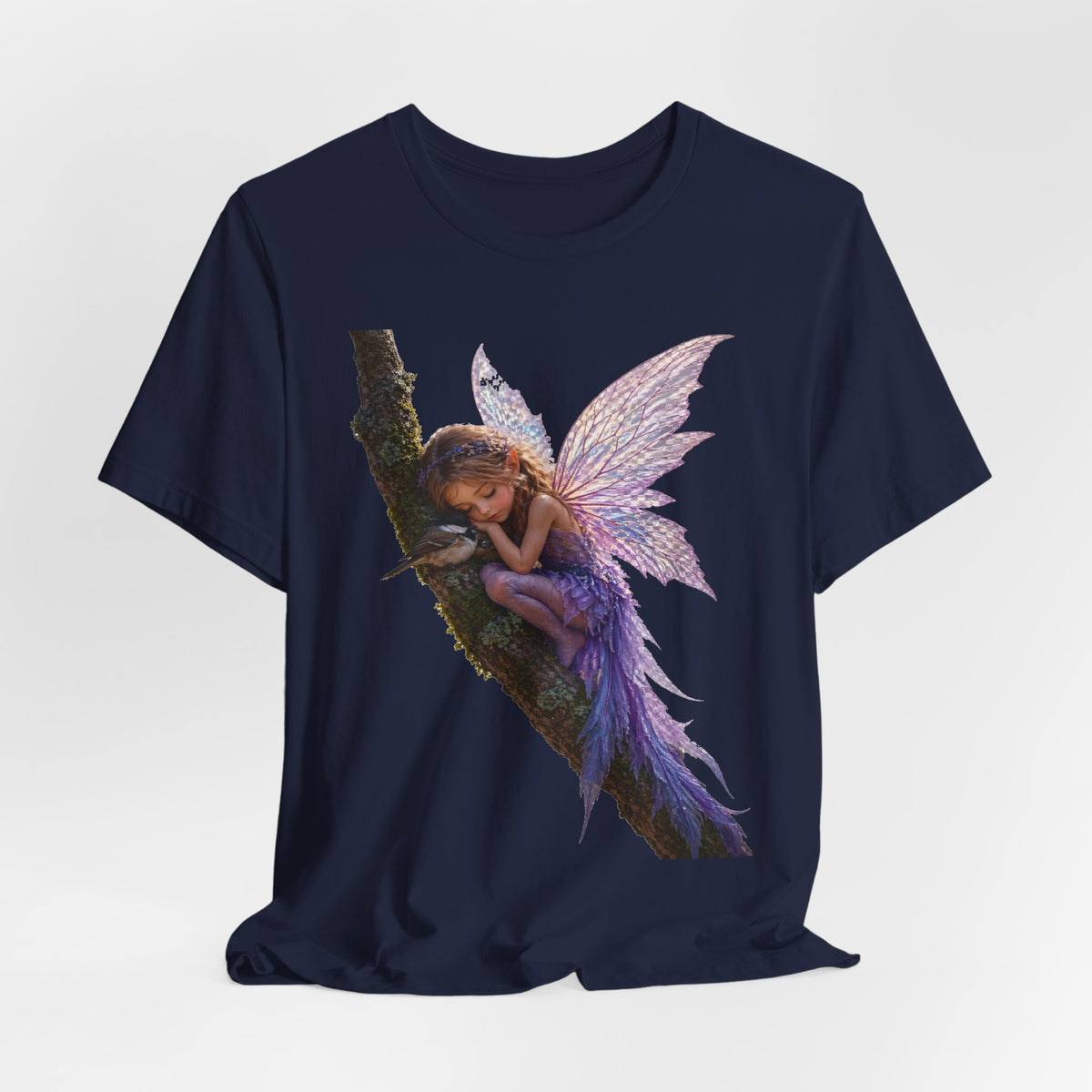 Fairy Sleeping on Branch T-Shirt — Magical Purple Fairy Tee for Women & Girls