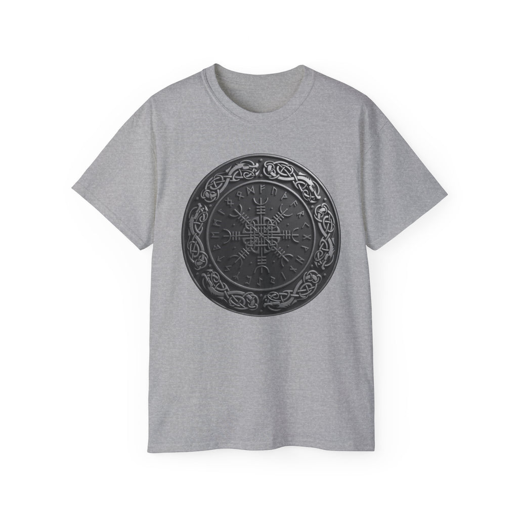 Aegishjalmur – The Helm of Awe Cotton T‑Shirt — Norse Rune Shield Design