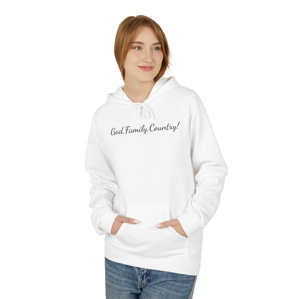 God, Family & Country Hoodie - Minimal Script Pullover for Patriotic Faithwear