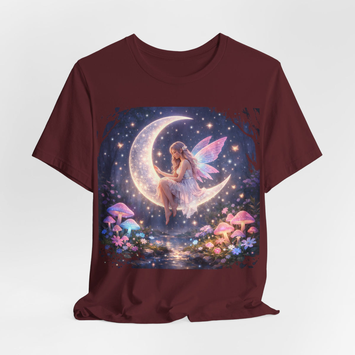 Fairy on the Moon T‑Shirt — Dreamy Fantasy Night Tee with Fairy and Mushrooms