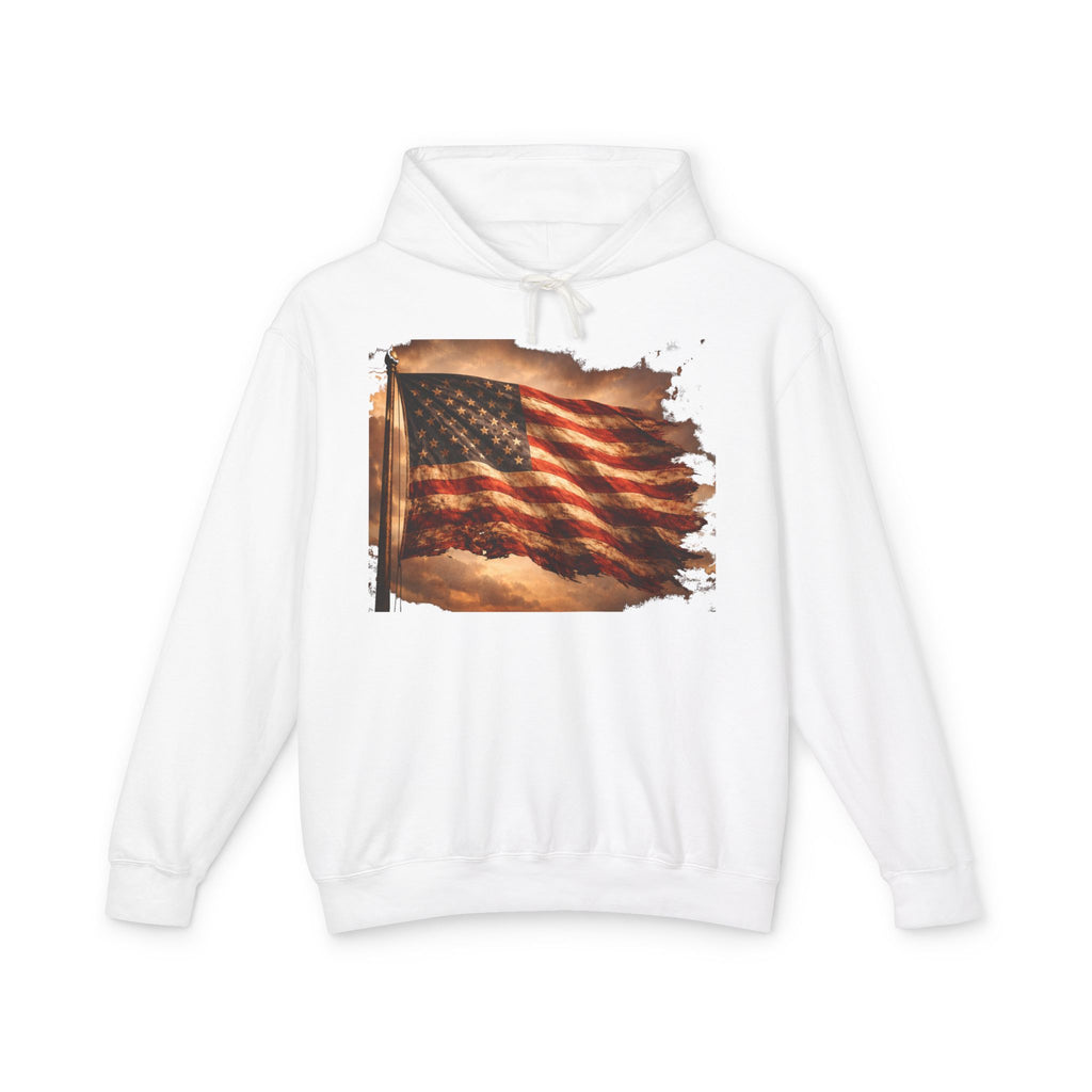 Distressed American Flag Hoodie — Vintage Patriot Lightweight Sweatshirt