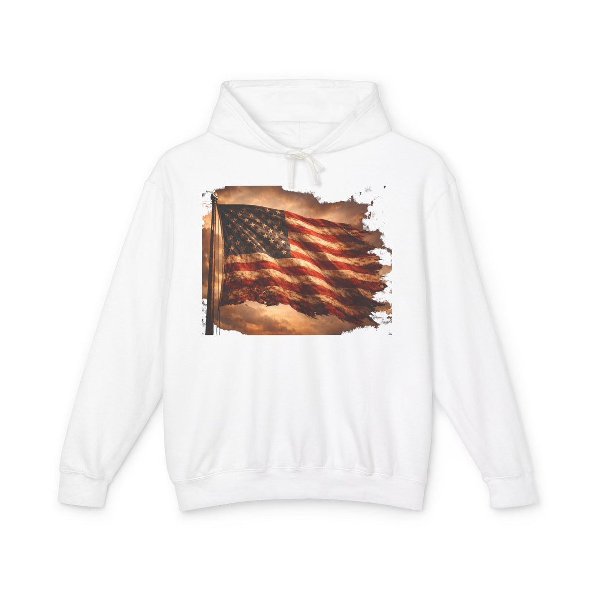 Distressed American Flag Hoodie — Vintage Patriot Lightweight Sweatshirt