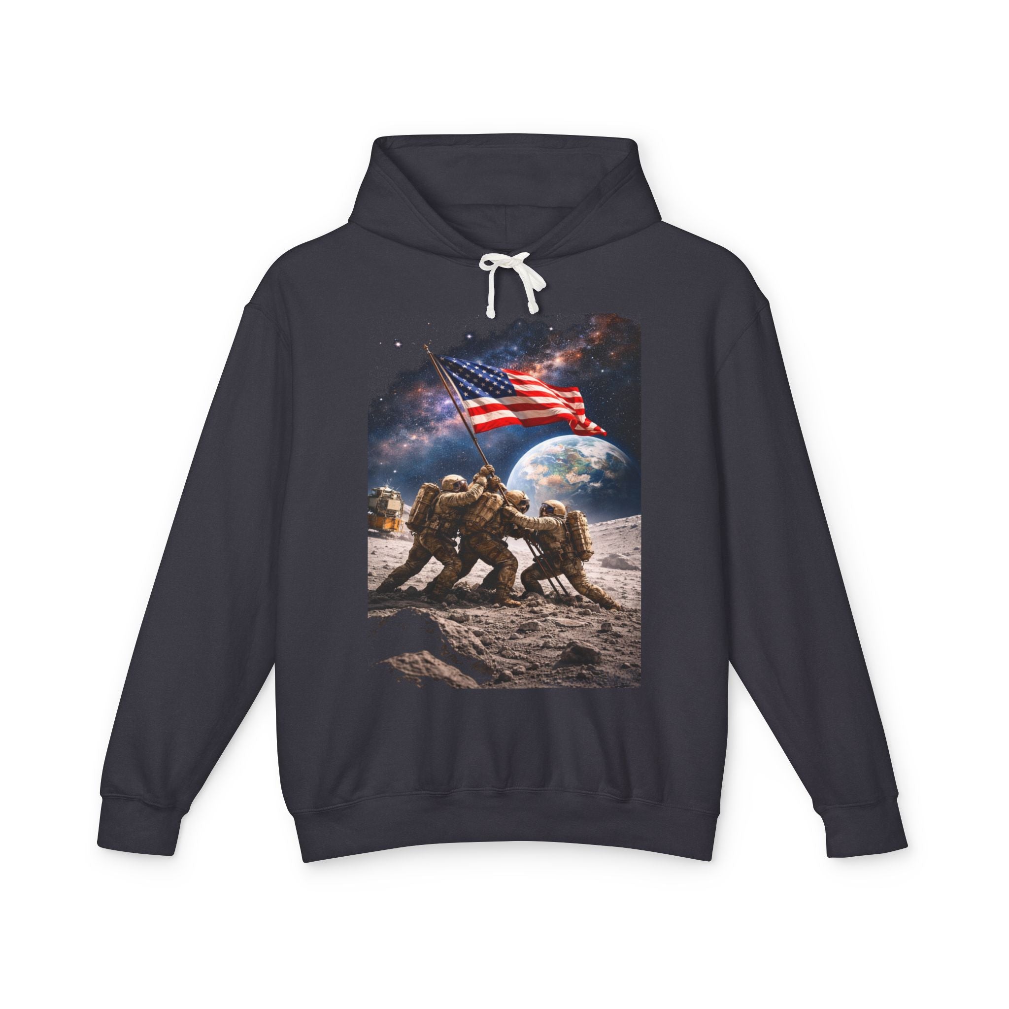 Patriotic Moon Landing Hoodie — Astronauts Raising American Flag Graphic