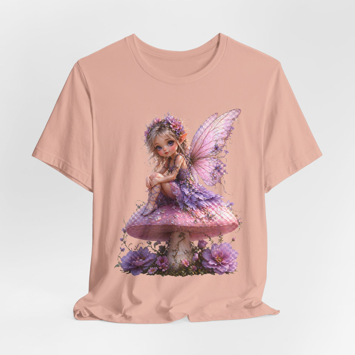 Fairy on Mushroom T-Shirt — Cute Pink Butterfly Fairy Graphic Tee for Kids & Adults
