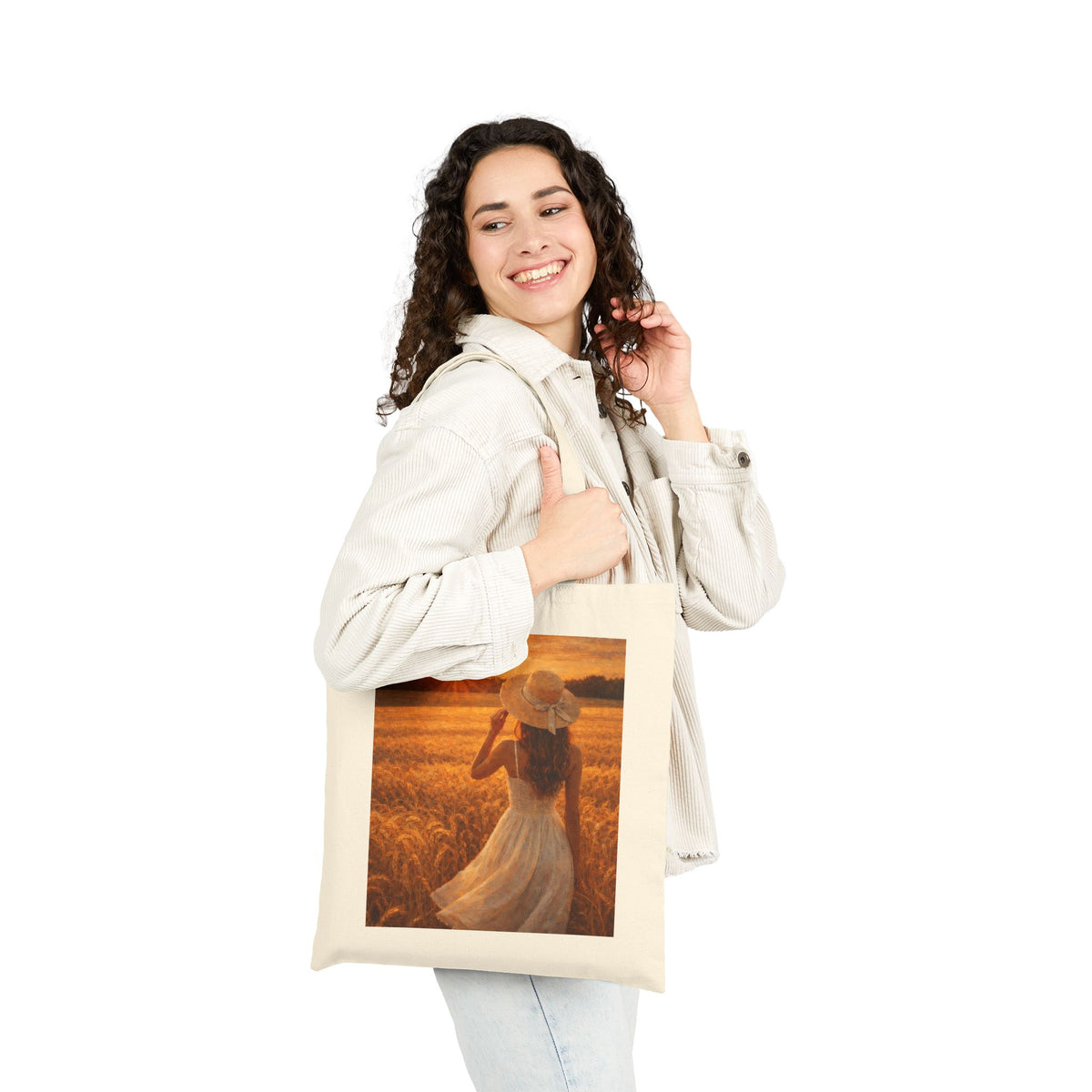 Tote Bag — Sunlit Wheat Field Woman Print | Vintage Summer Beach Market Tote