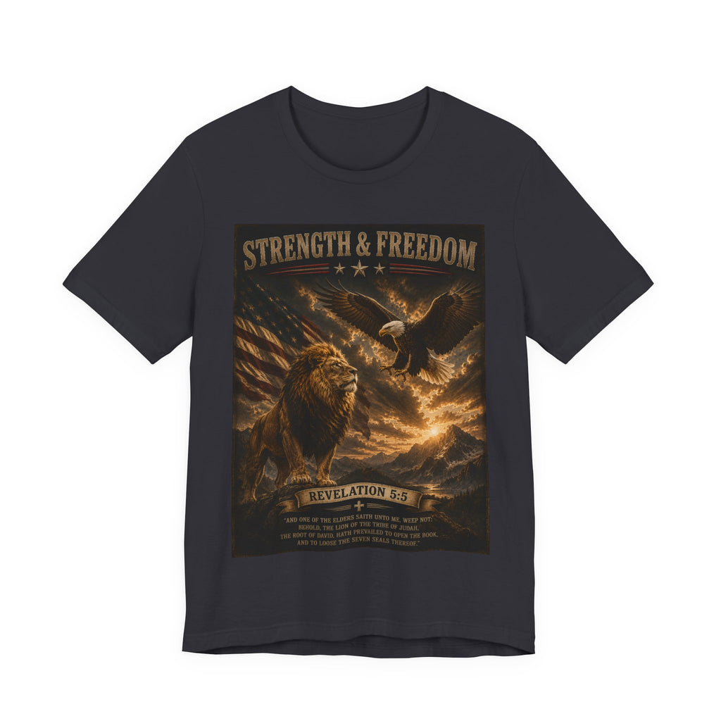 Strength & Freedom Christian Lion Tee – Revelation 5:5 Inspirational Graphic T-Shirt