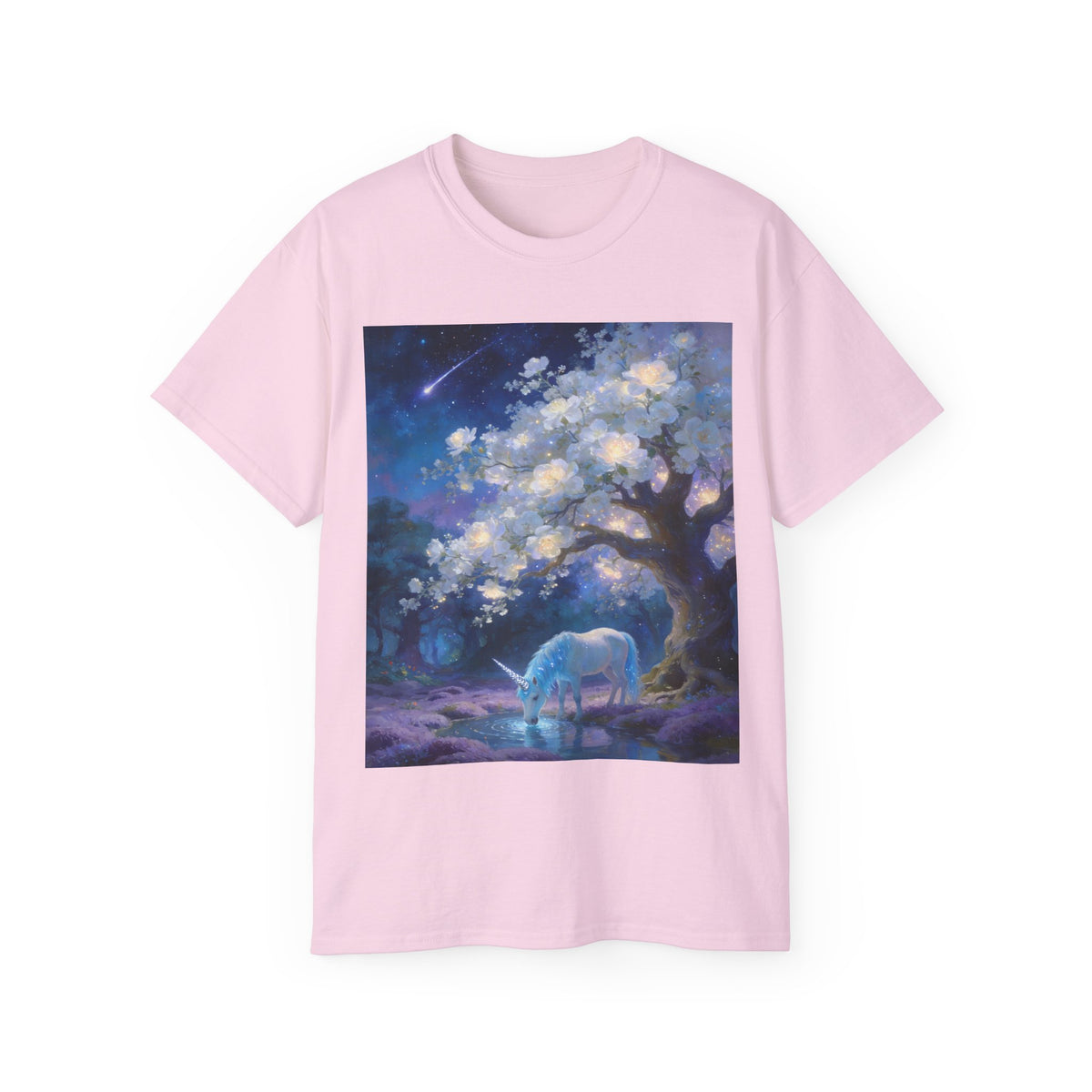 Unicorn Mystic Night Sheep Cotton Tee — Dreamy Moonlit Tree Art T-Shirt