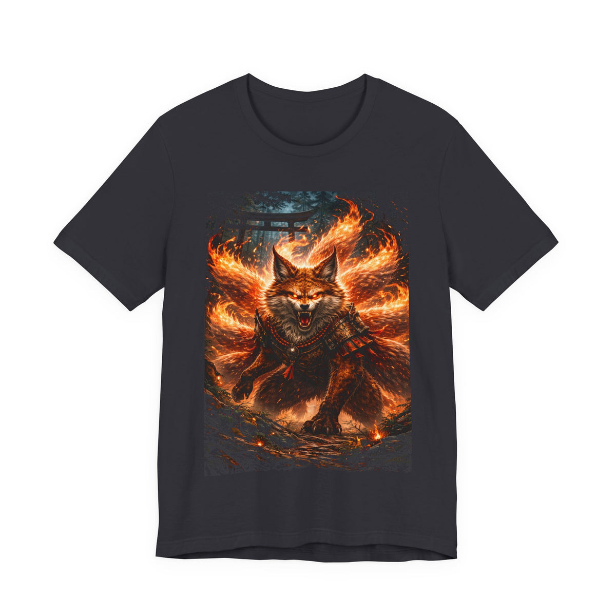 Fiery Nine-Tailed Fox Graphic Tee – Mythic Kitsune Flame Shirt