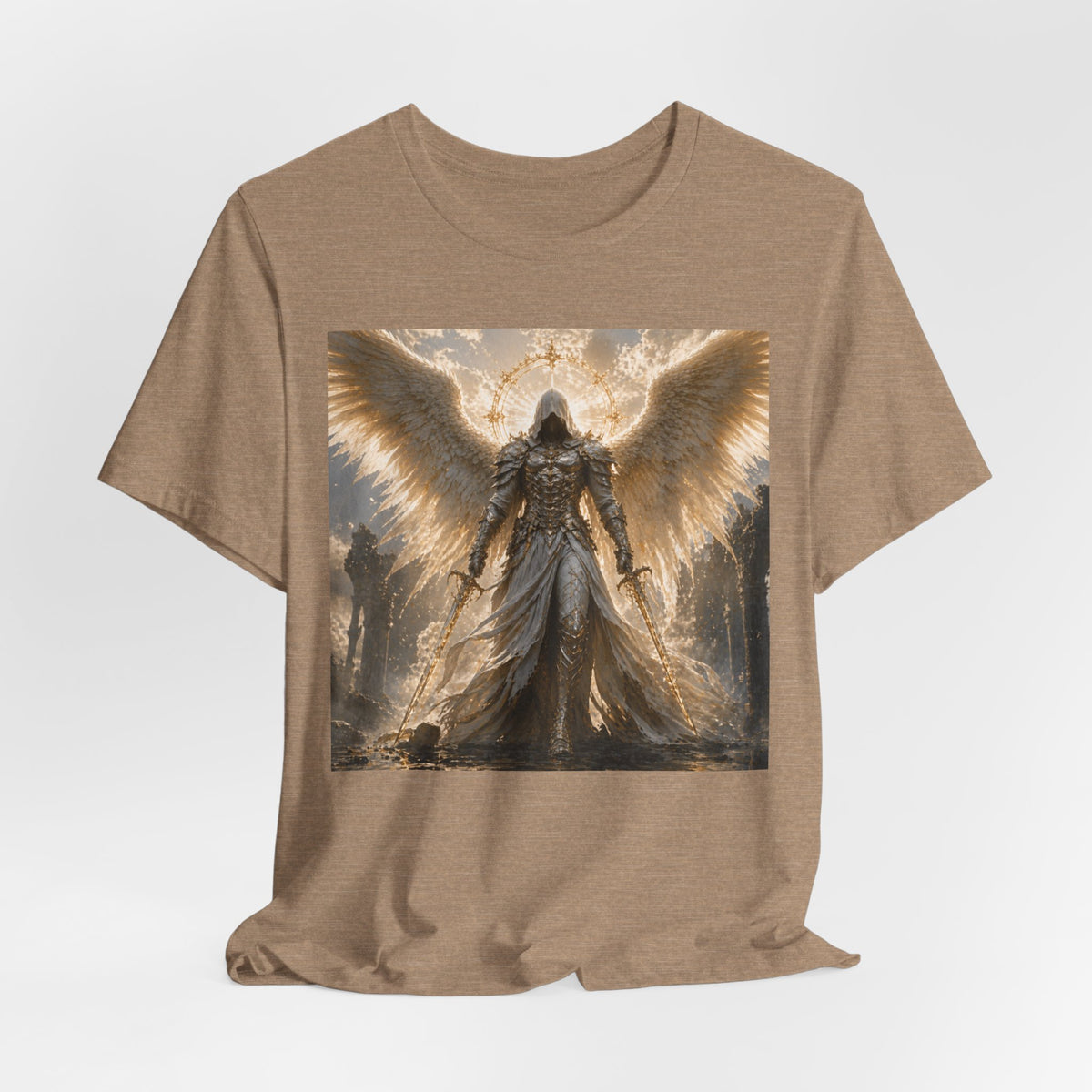 Angel Warrior Graphic Tee — Gold Guardian Wings T-Shirt