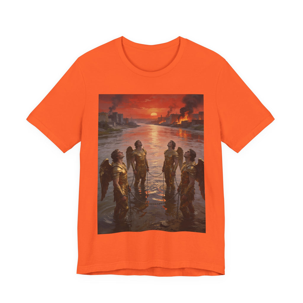 Revelation 9 reveals four fallen angels bound in the Euphrates River, awaiting God’s appointed time to bring judgment. T-Shirt