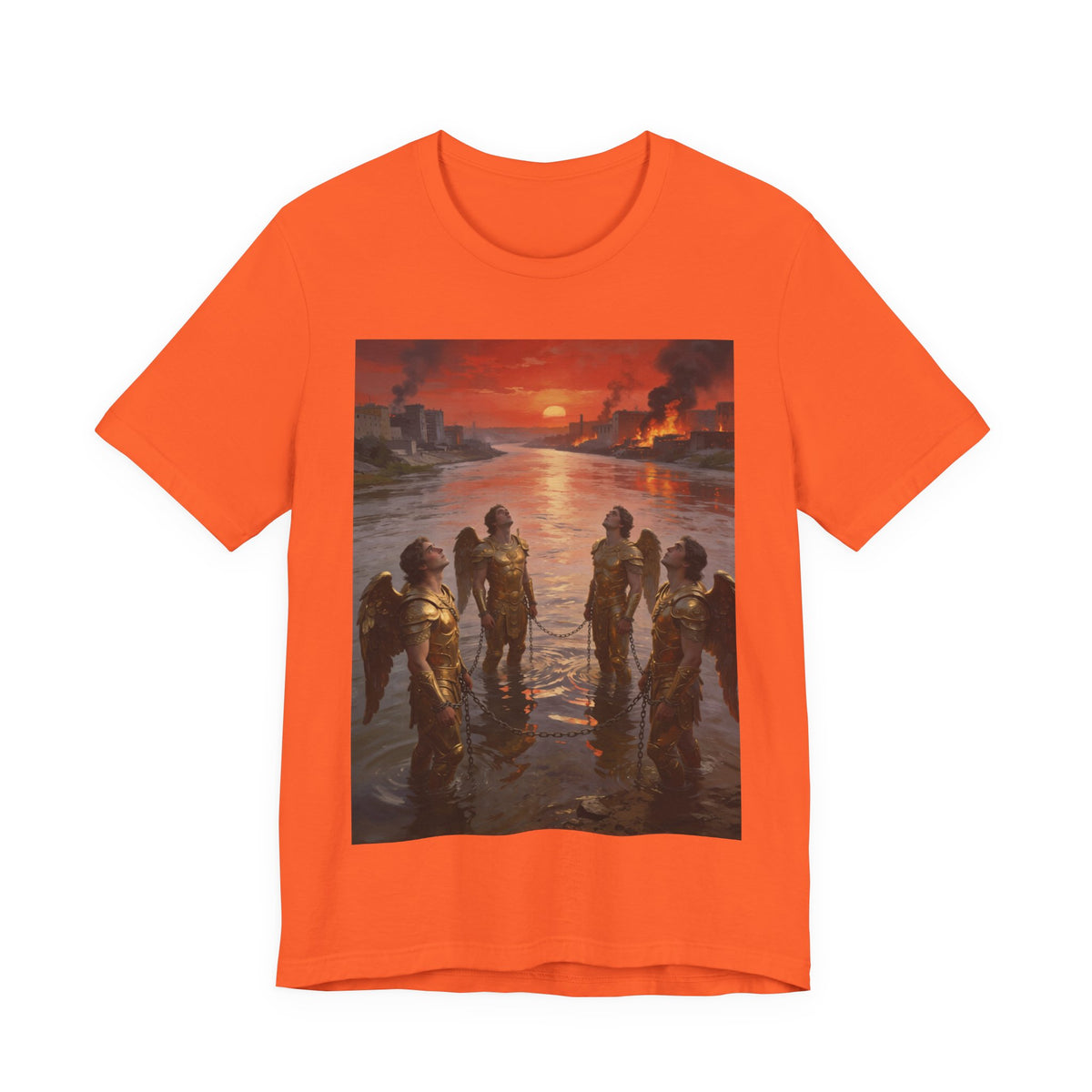 Revelation 9 reveals four fallen angels bound in the Euphrates River, awaiting God’s appointed time to bring judgment. T-Shirt
