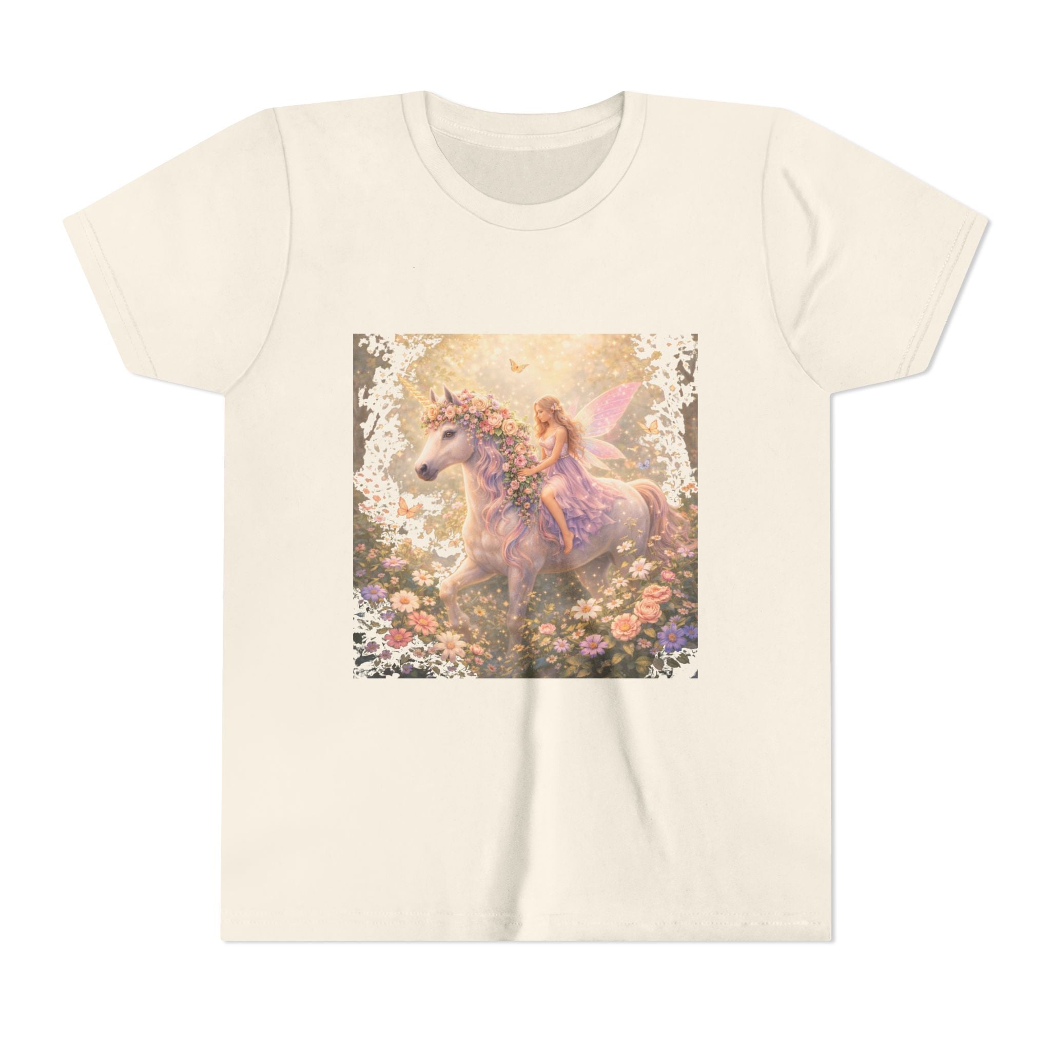 Youth Tee — Magical Fairy Riding Unicorn in Floral Garden Kids Shirt