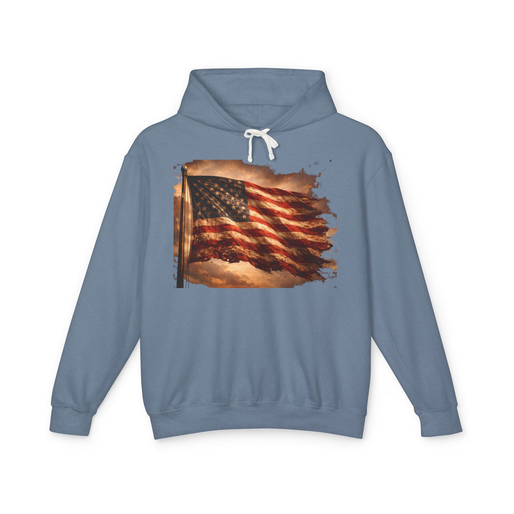 Distressed American Flag Hoodie — Vintage Patriot Lightweight Sweatshirt
