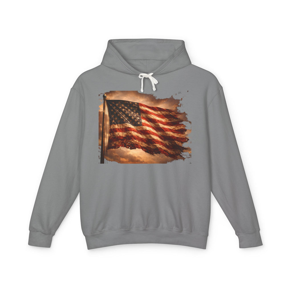Distressed American Flag Hoodie — Vintage Patriot Lightweight Sweatshirt