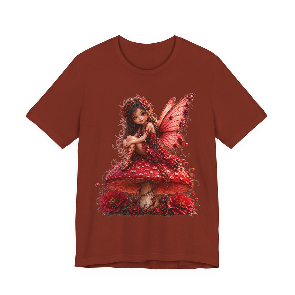 Fairy on Red Mushroom T‑Shirt — Whimsical Red Fairy Graphic Tee