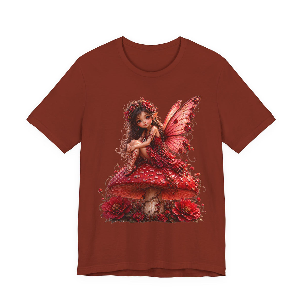 Fairy on Red Mushroom T‑Shirt — Whimsical Red Fairy Graphic Tee