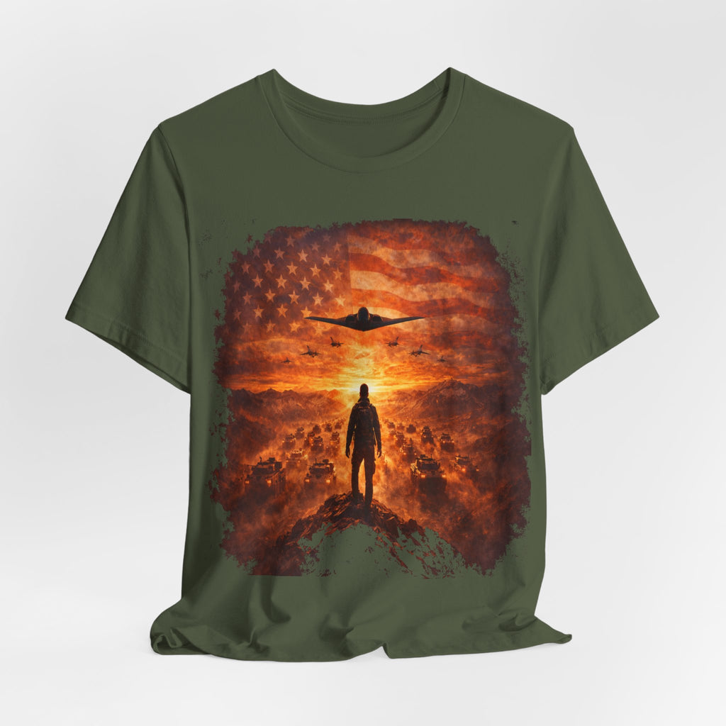 USA-Military Aviation T-Shirt — Bomber Silhouette with American Flag Sunset