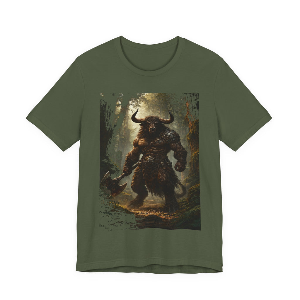 Minotaur Forest Warrior T-Shirt — Mythic Fantasy Creature Graphic Tee
