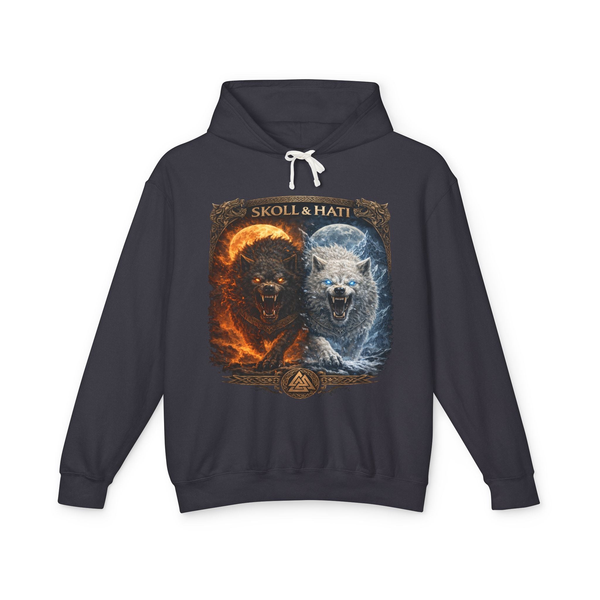 Sköll & Hati Fire and Ice Wolf Hoodie — Viking Myth Wolves Graphic Sweatshirt
