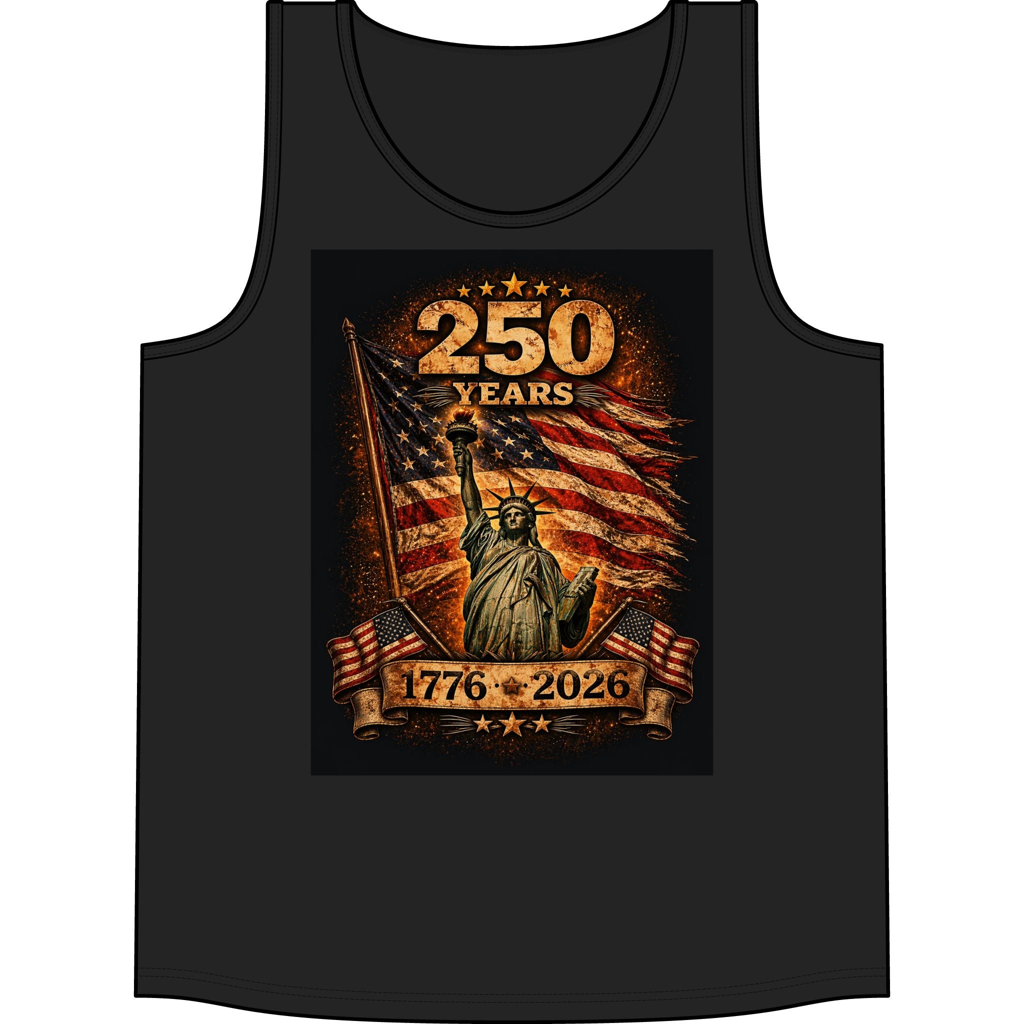 250 Years 1776–2026 Statue of Liberty American Flag Tank Top — Patriotic Independence Day Tee