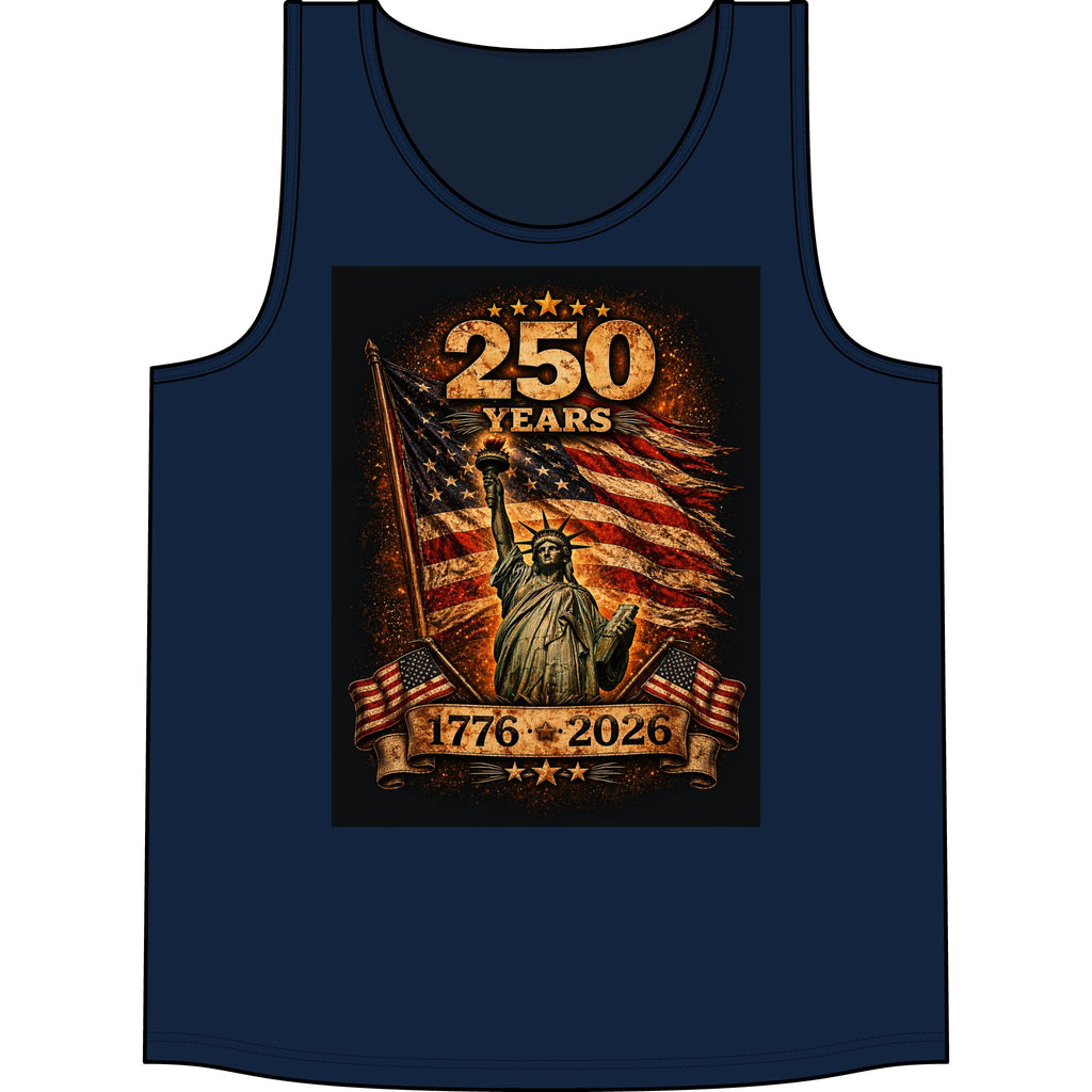 250 Years 1776–2026 Statue of Liberty American Flag Tank Top — Patriotic Independence Day Tee