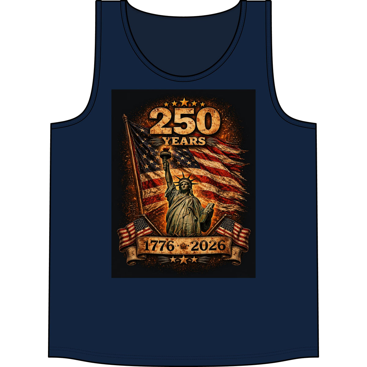 250 Years 1776–2026 Statue of Liberty American Flag Tank Top — Patriotic Independence Day Tee