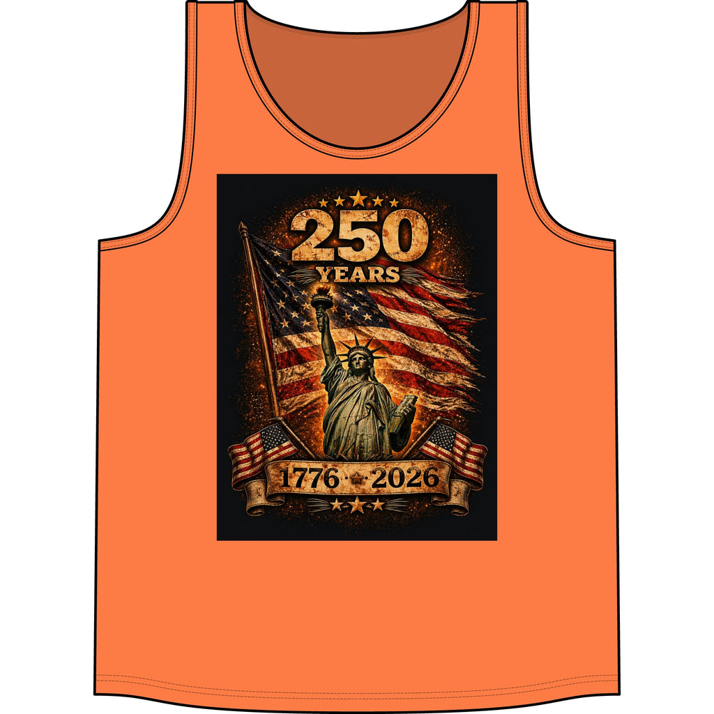 250 Years 1776–2026 Statue of Liberty American Flag Tank Top — Patriotic Independence Day Tee