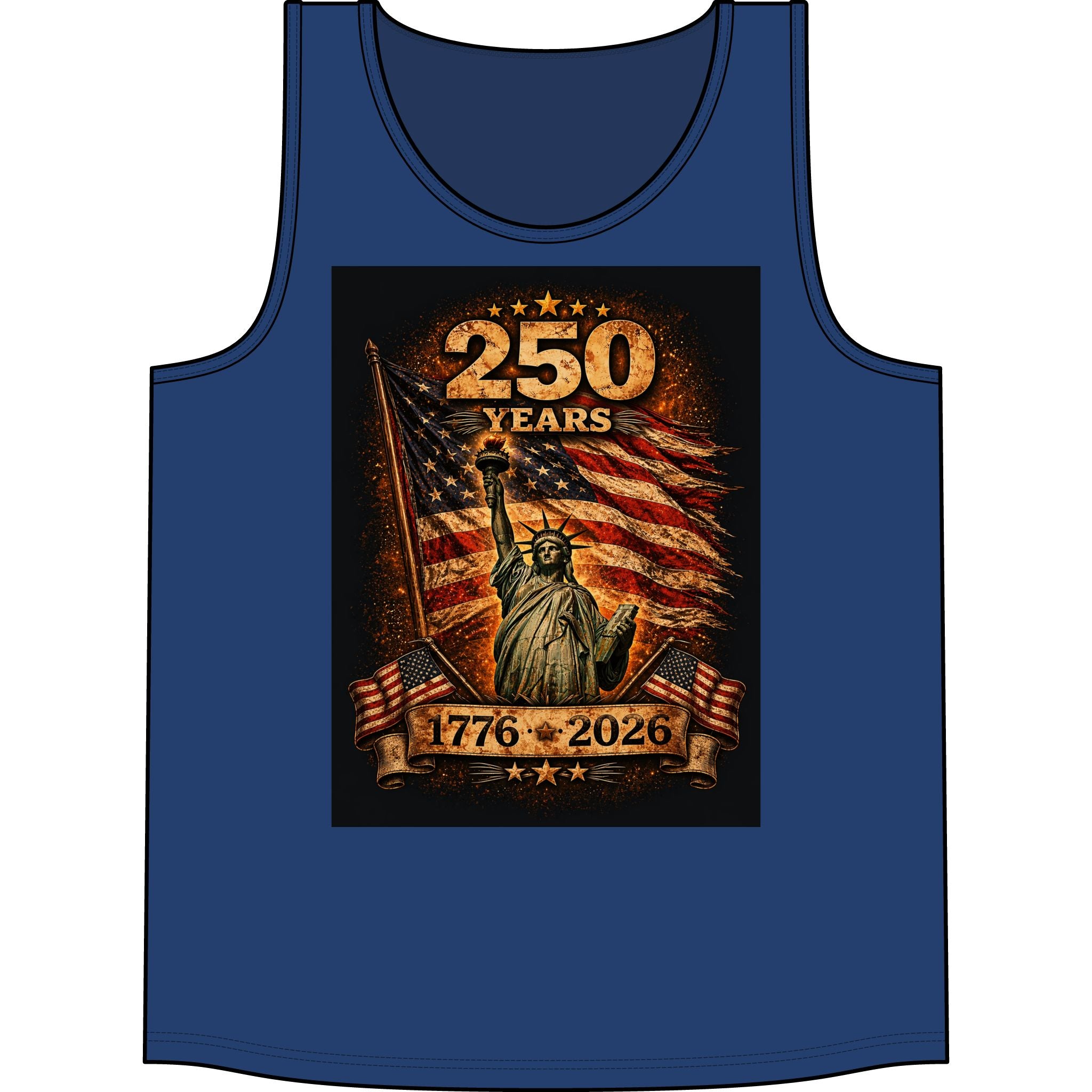 250 Years 1776–2026 Statue of Liberty American Flag Tank Top — Patriotic Independence Day Tee