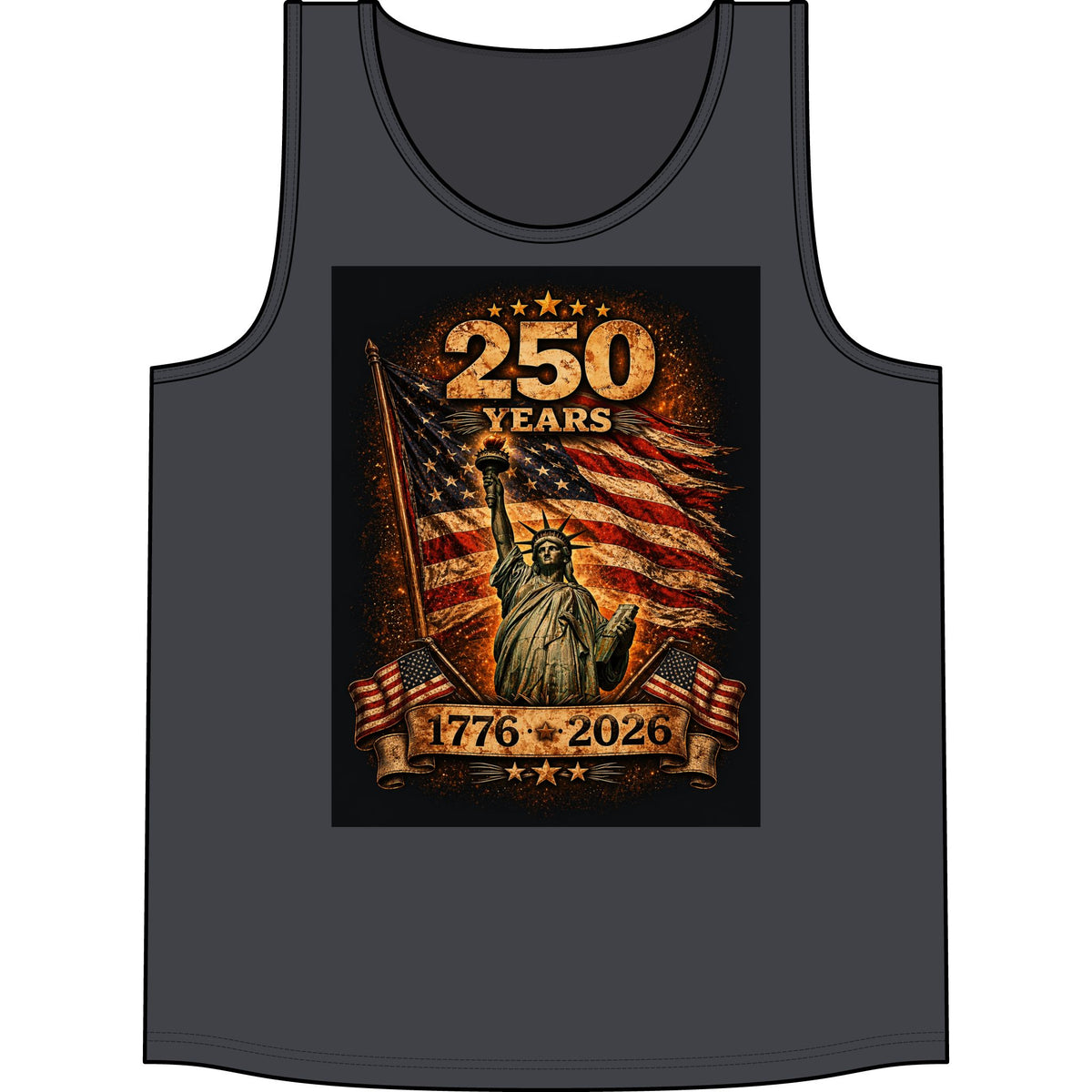 250 Years 1776–2026 Statue of Liberty American Flag Tank Top — Patriotic Independence Day Tee