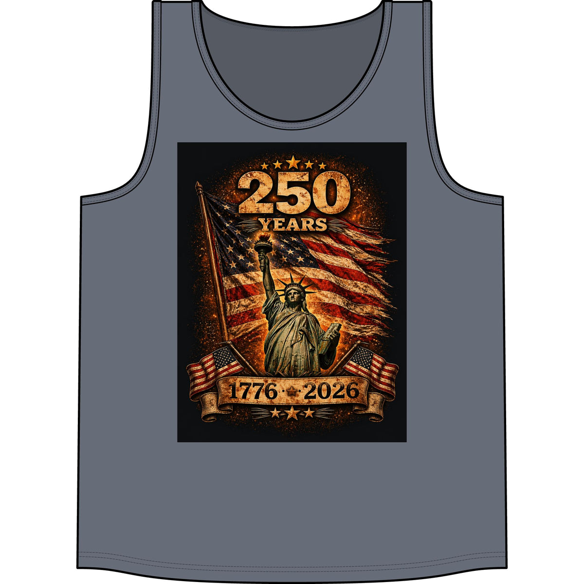 250 Years 1776–2026 Statue of Liberty American Flag Tank Top — Patriotic Independence Day Tee
