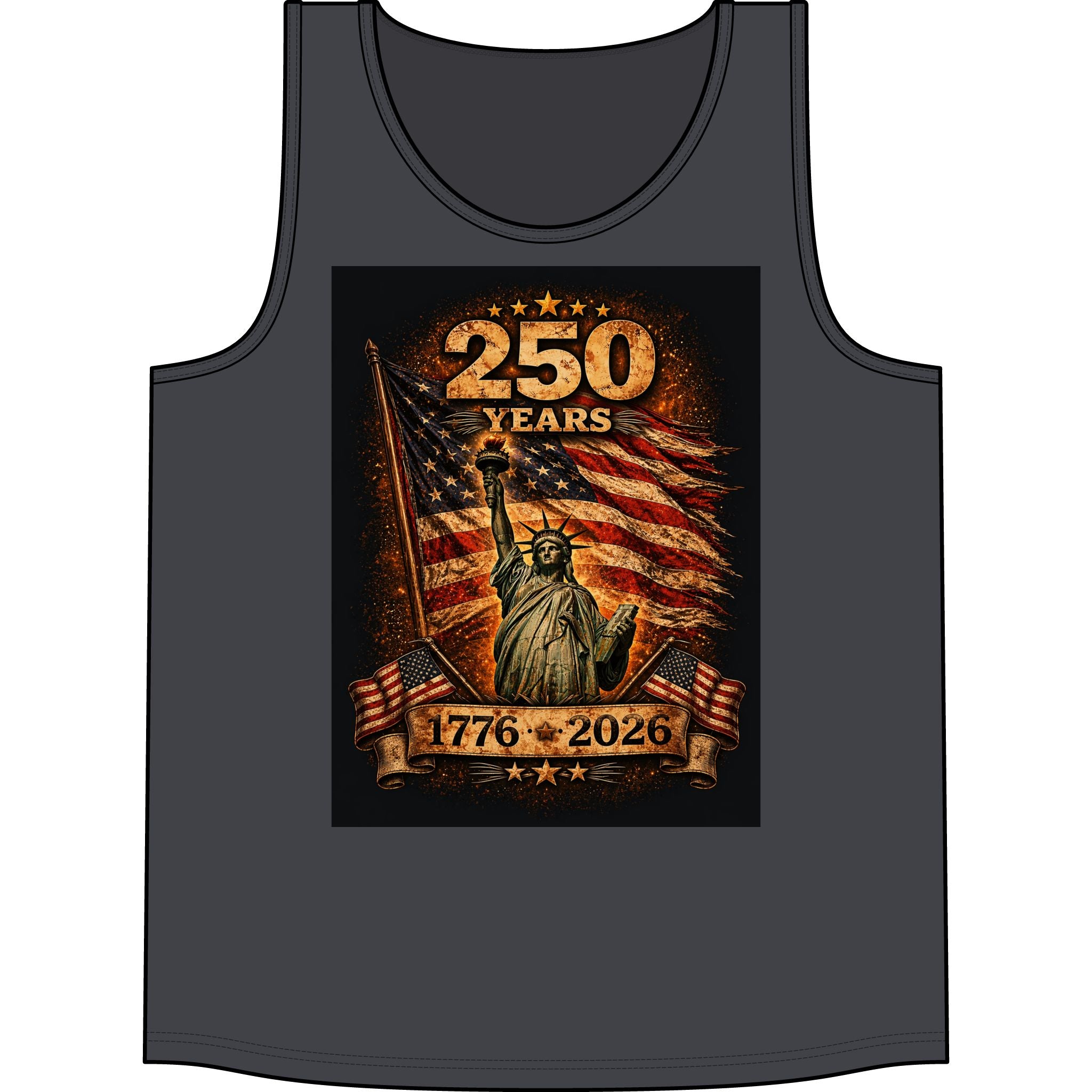 250 Years 1776–2026 Statue of Liberty American Flag Tank Top — Patriotic Independence Day Tee