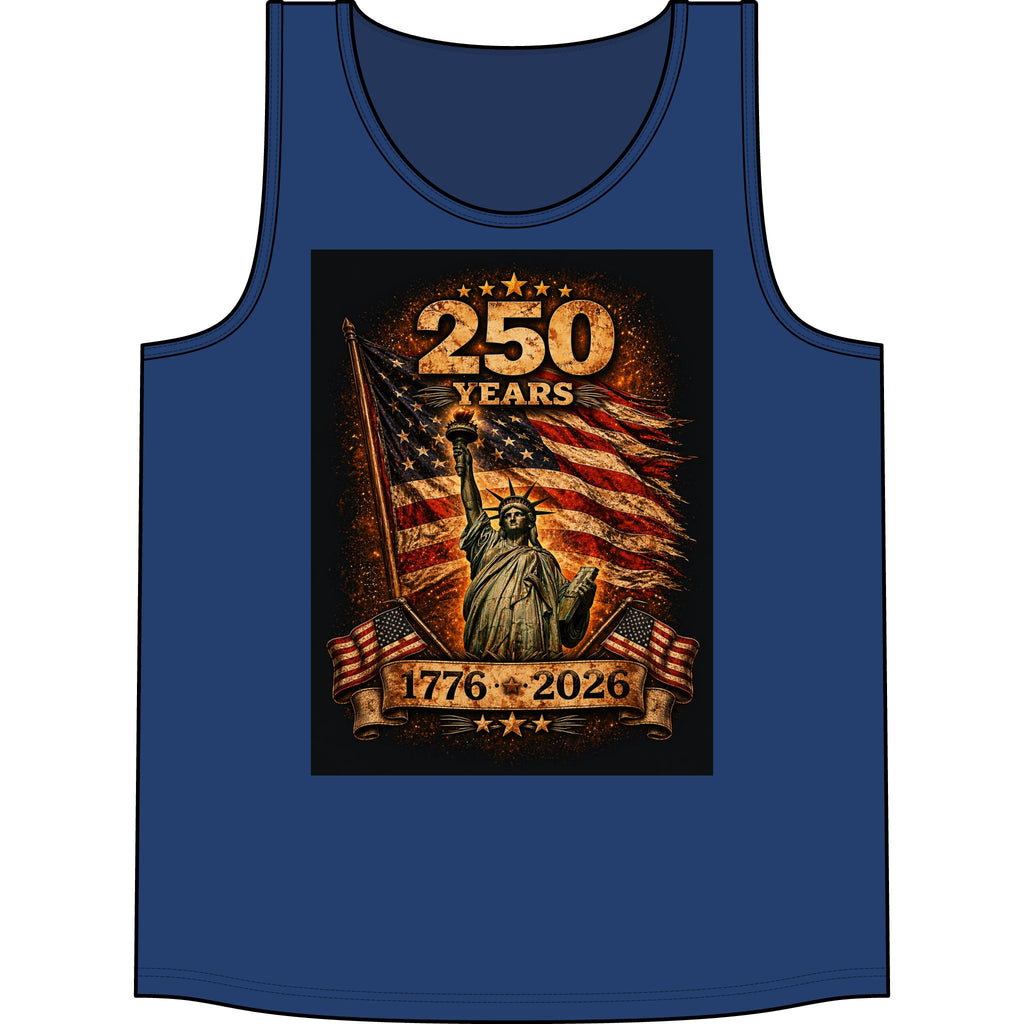 250 Years 1776–2026 Statue of Liberty American Flag Tank Top — Patriotic Independence Day Tee