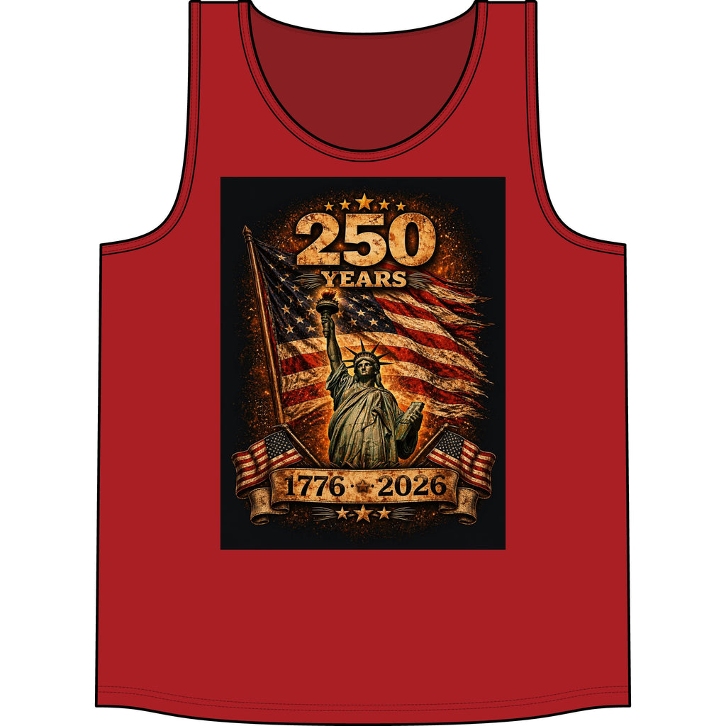 250 Years 1776–2026 Statue of Liberty American Flag Tank Top — Patriotic Independence Day Tee