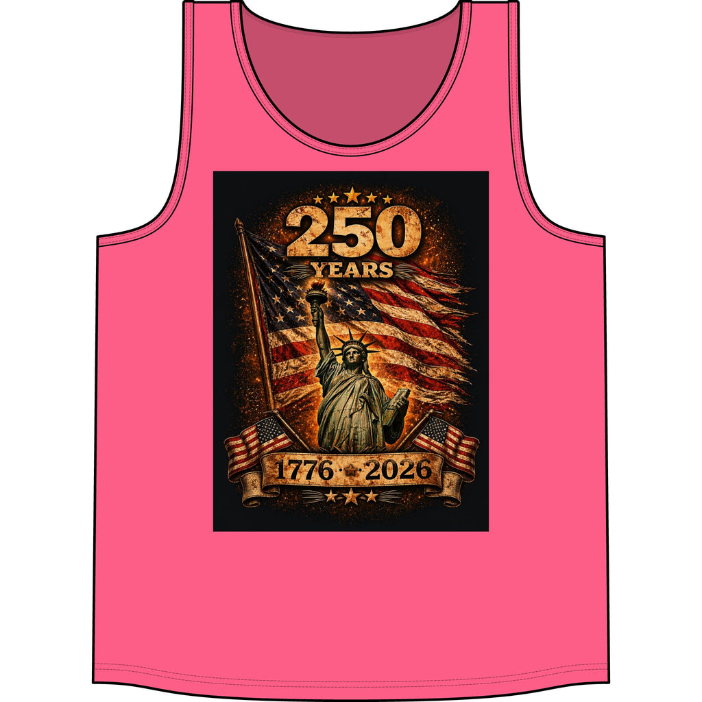 250 Years 1776–2026 Statue of Liberty American Flag Tank Top — Patriotic Independence Day Tee