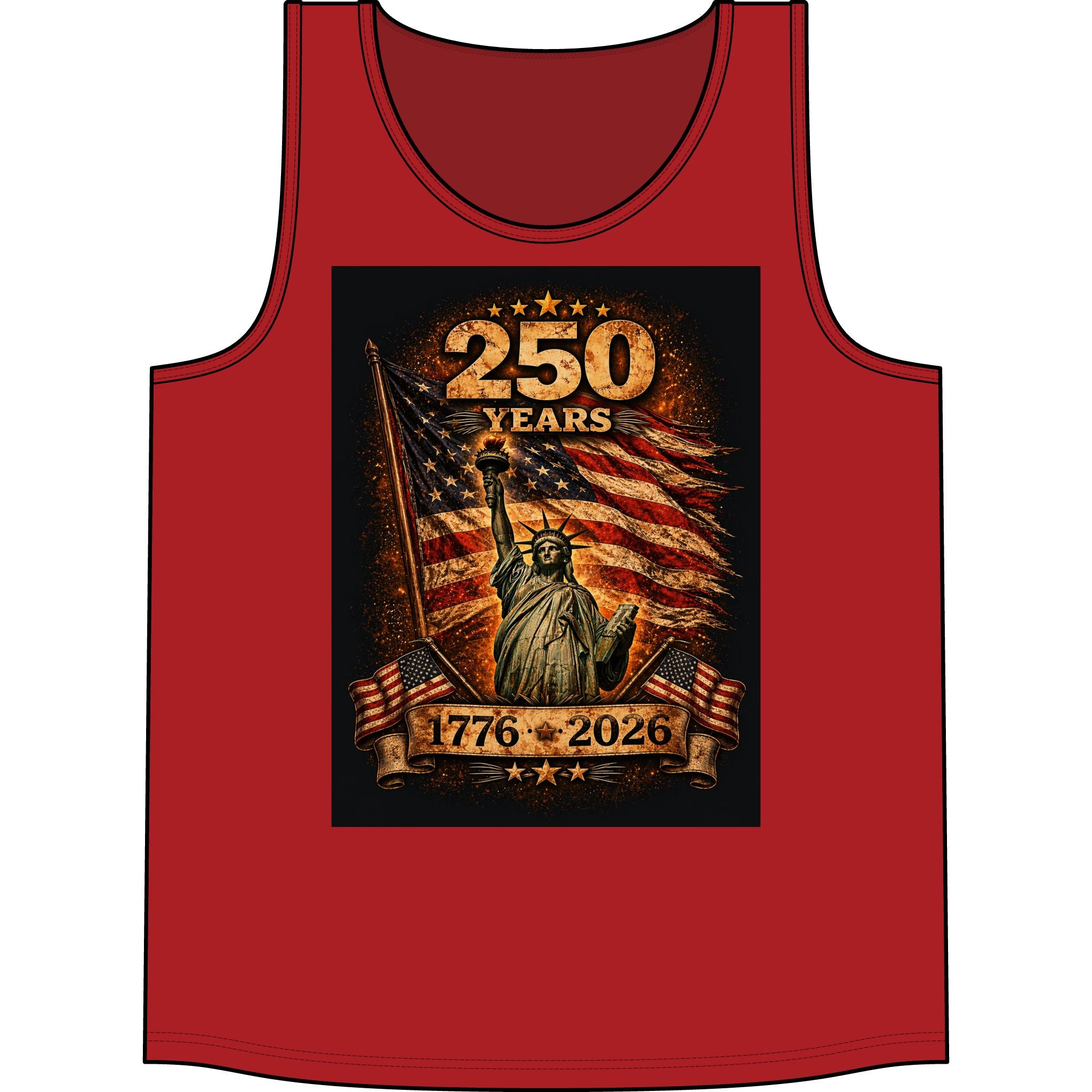 250 Years 1776–2026 Statue of Liberty American Flag Tank Top — Patriotic Independence Day Tee