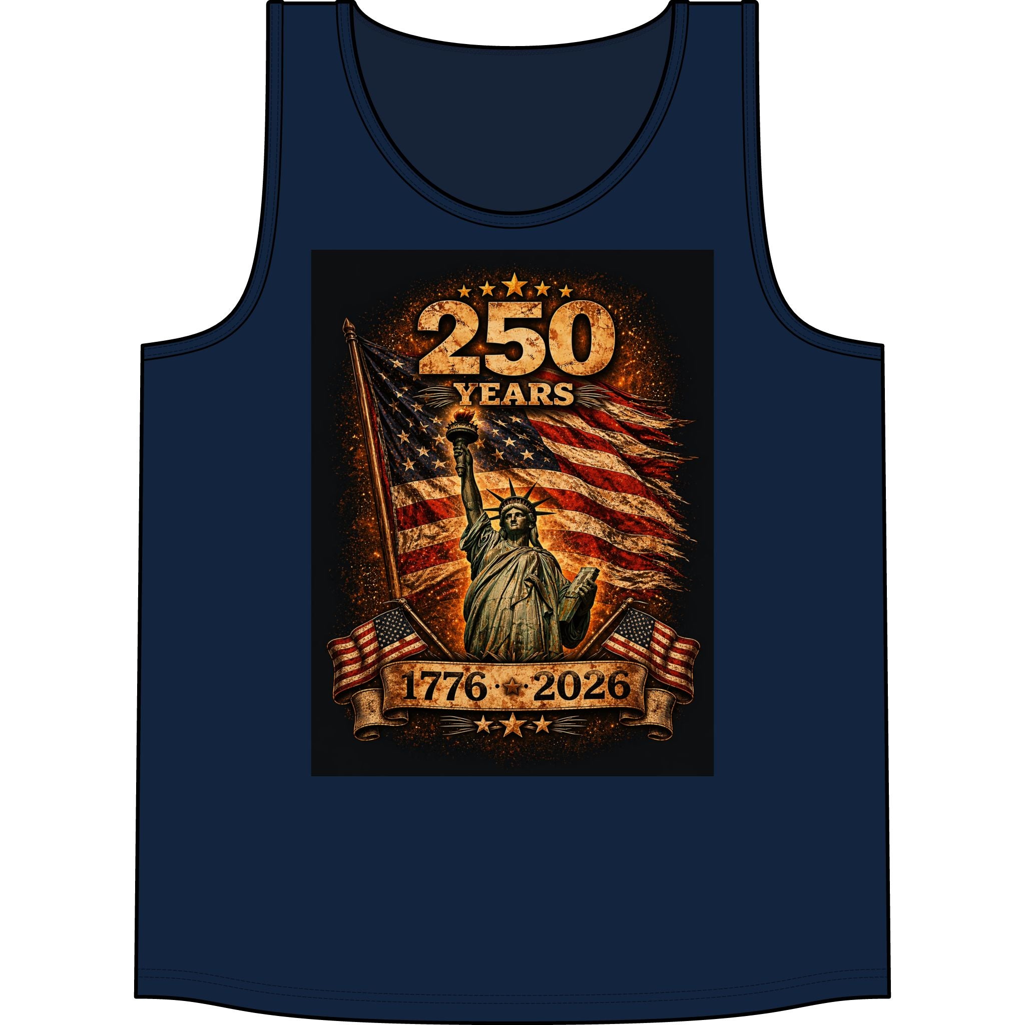 250 Years 1776–2026 Statue of Liberty American Flag Tank Top — Patriotic Independence Day Tee