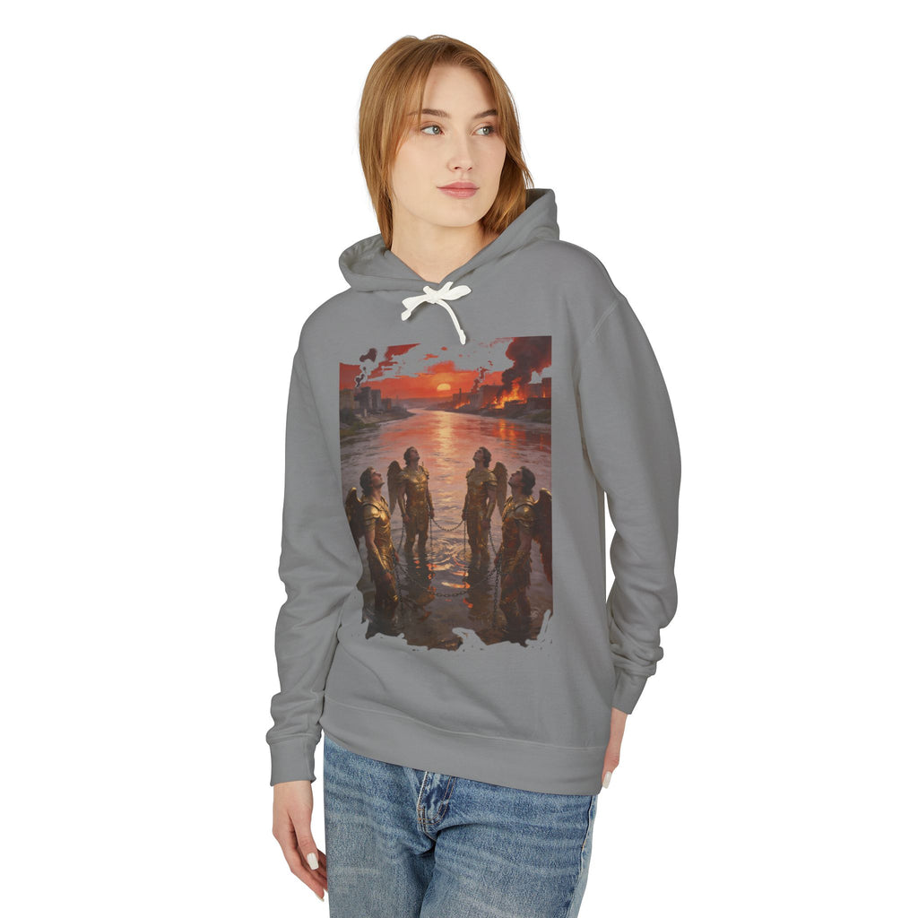 Revelation 9 reveals four fallen angels bound in the Euphrates River  Crew Hooded Sweatshirt