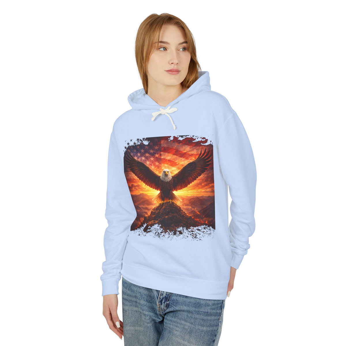 Eagle Rising Hoodie — Patriotic Bald Eagle Sunset Graphic Sweatshirt