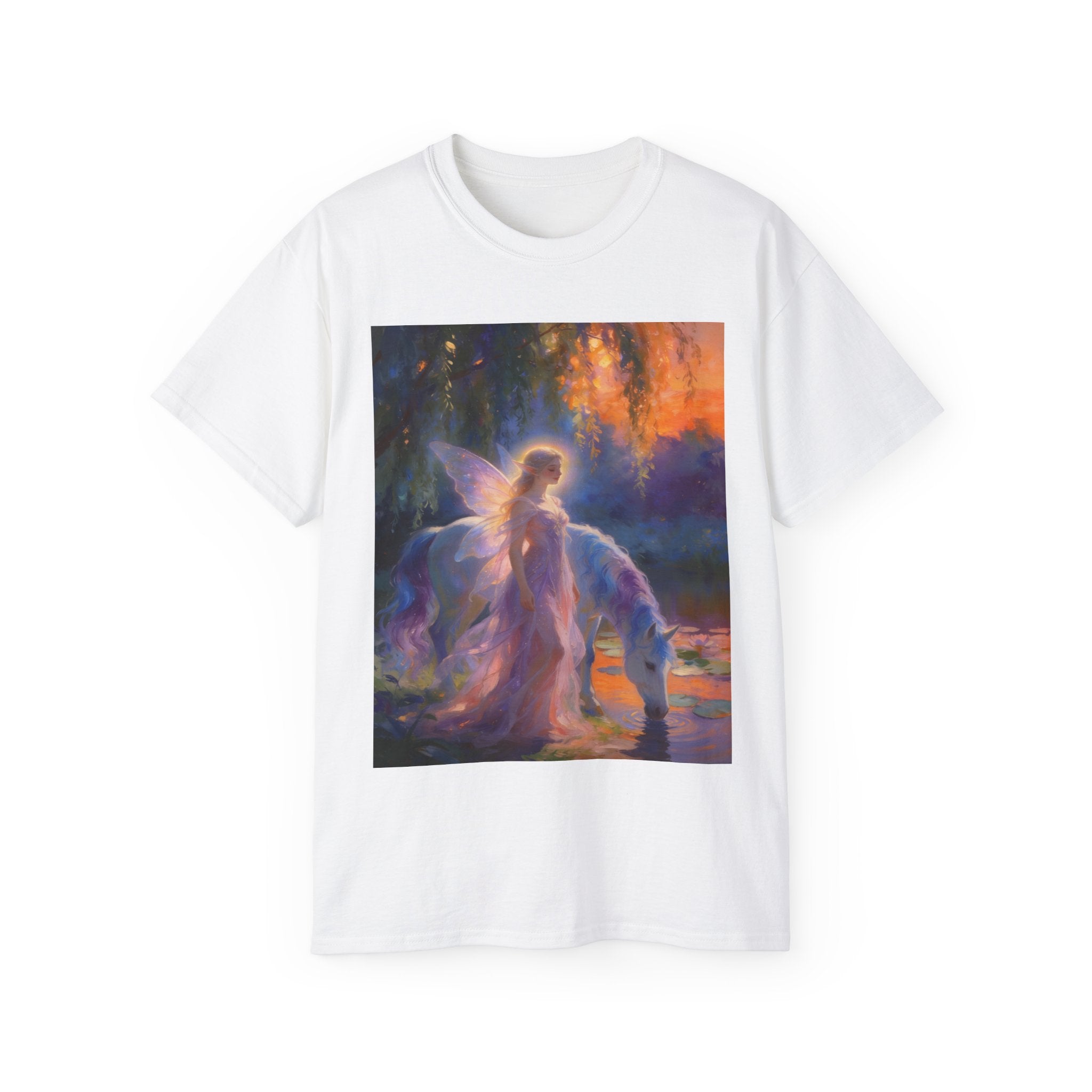 Fairy and Unicorn Fantasy Cotton T-Shirt — Ethereal Sunset Magic Tee