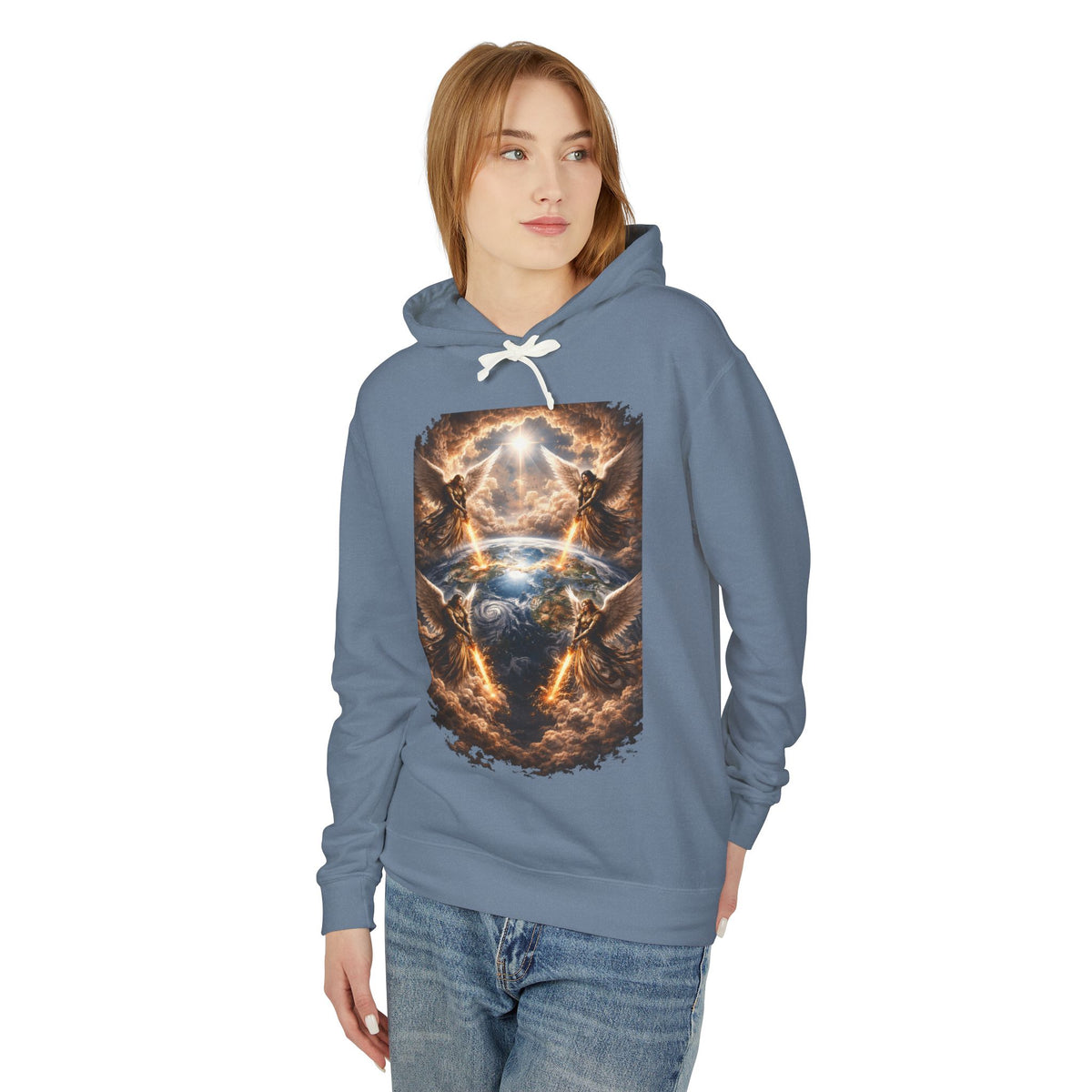 Revelation 7:1 Four angels standing on the four corners of the earth as seen from heaven Apocalyptic Earth Graphic Hoodie — Cosmic Storms, Lightning & Angelic Light