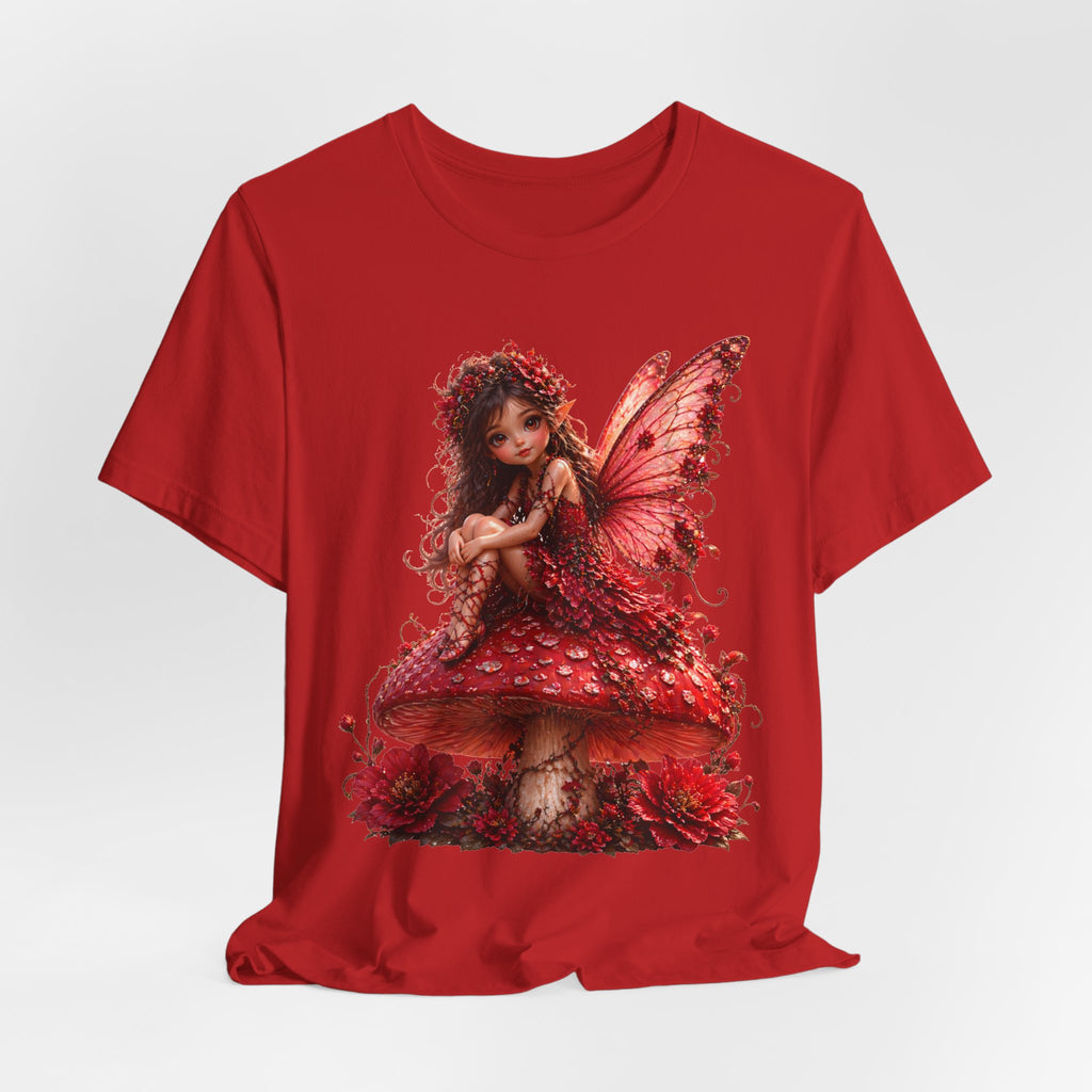 Fairy on Red Mushroom T‑Shirt — Whimsical Red Fairy Graphic Tee
