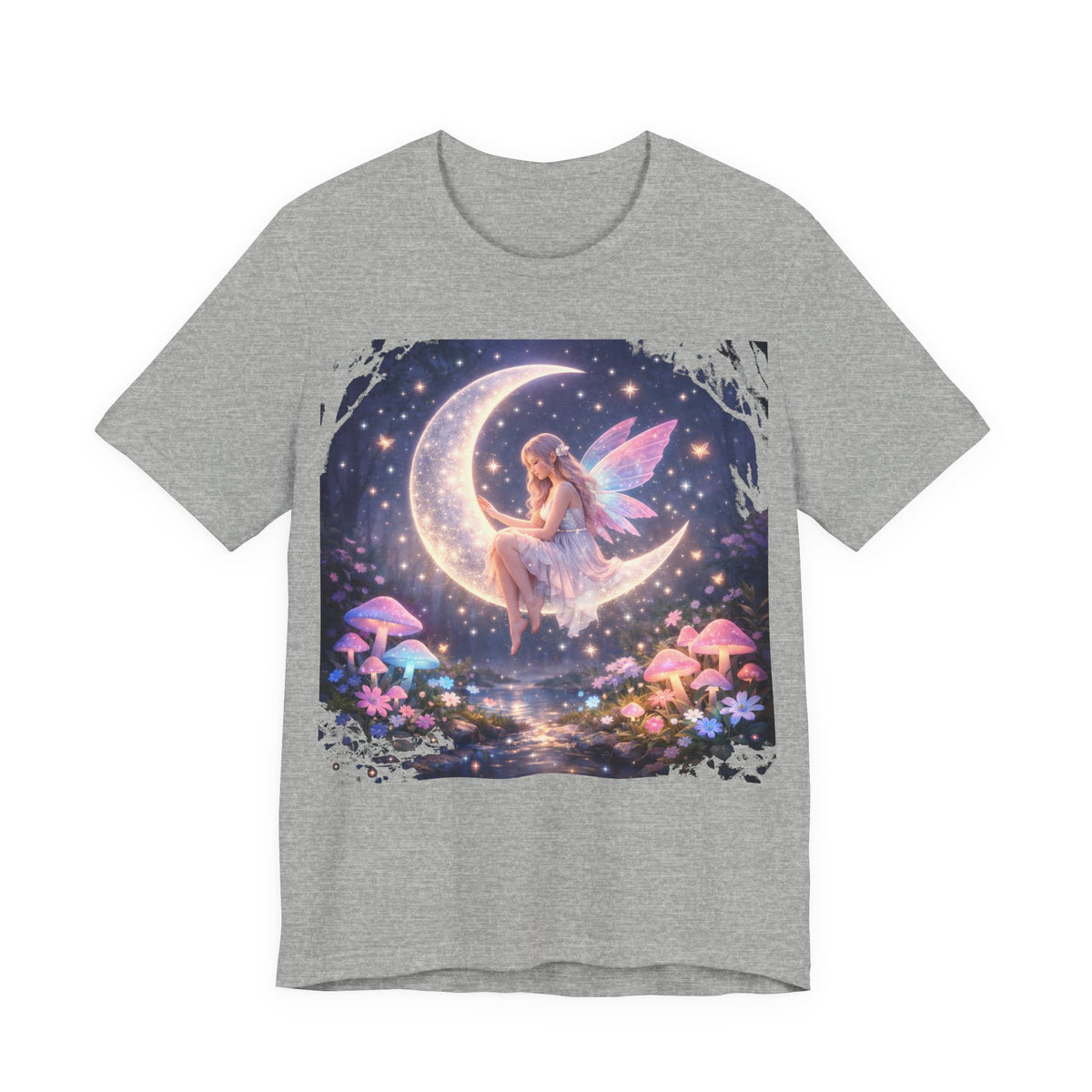 Fairy on the Moon T‑Shirt — Dreamy Fantasy Night Tee with Fairy and Mushrooms