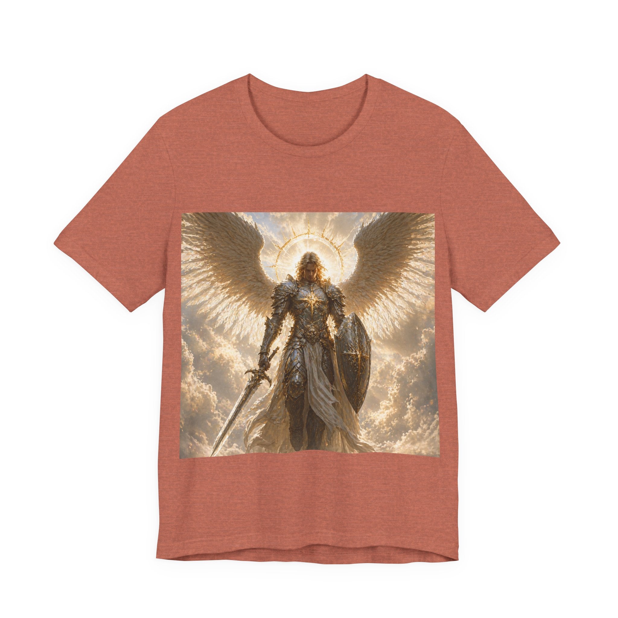 Archangel Warrior Graphic Tee — Golden Angel with Sword & Shield
